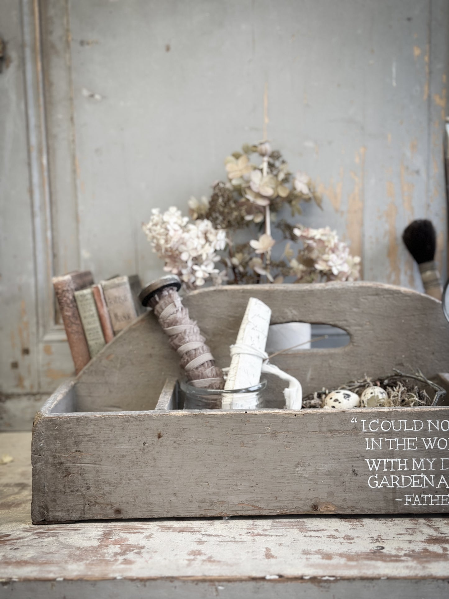 A Large Vintage French Chippy Paint Wooden Trug With Garden Quote