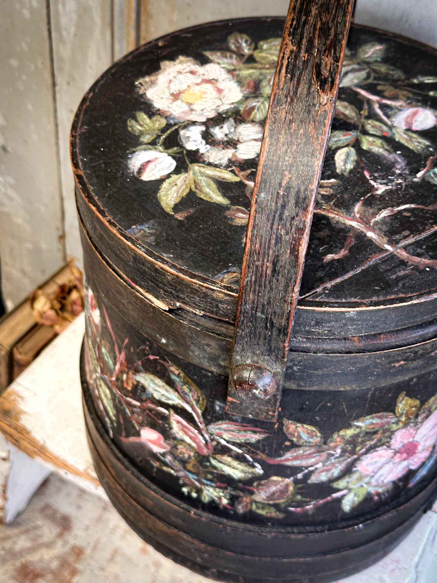 Antique Hand Painted Wooden Firkin Bucket (Scandi Folk Style)