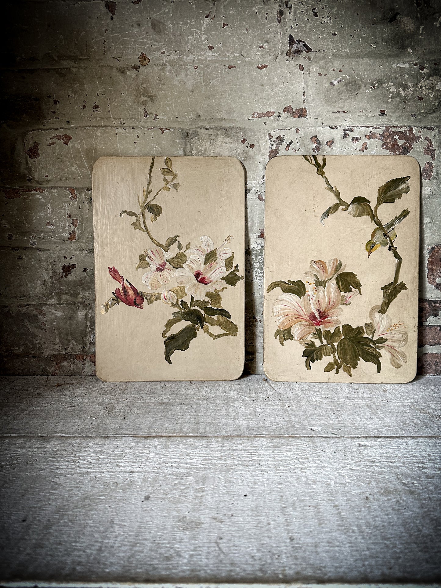 A Beautiful pair of Painted Panels with Hibiscus Flowers and Birds