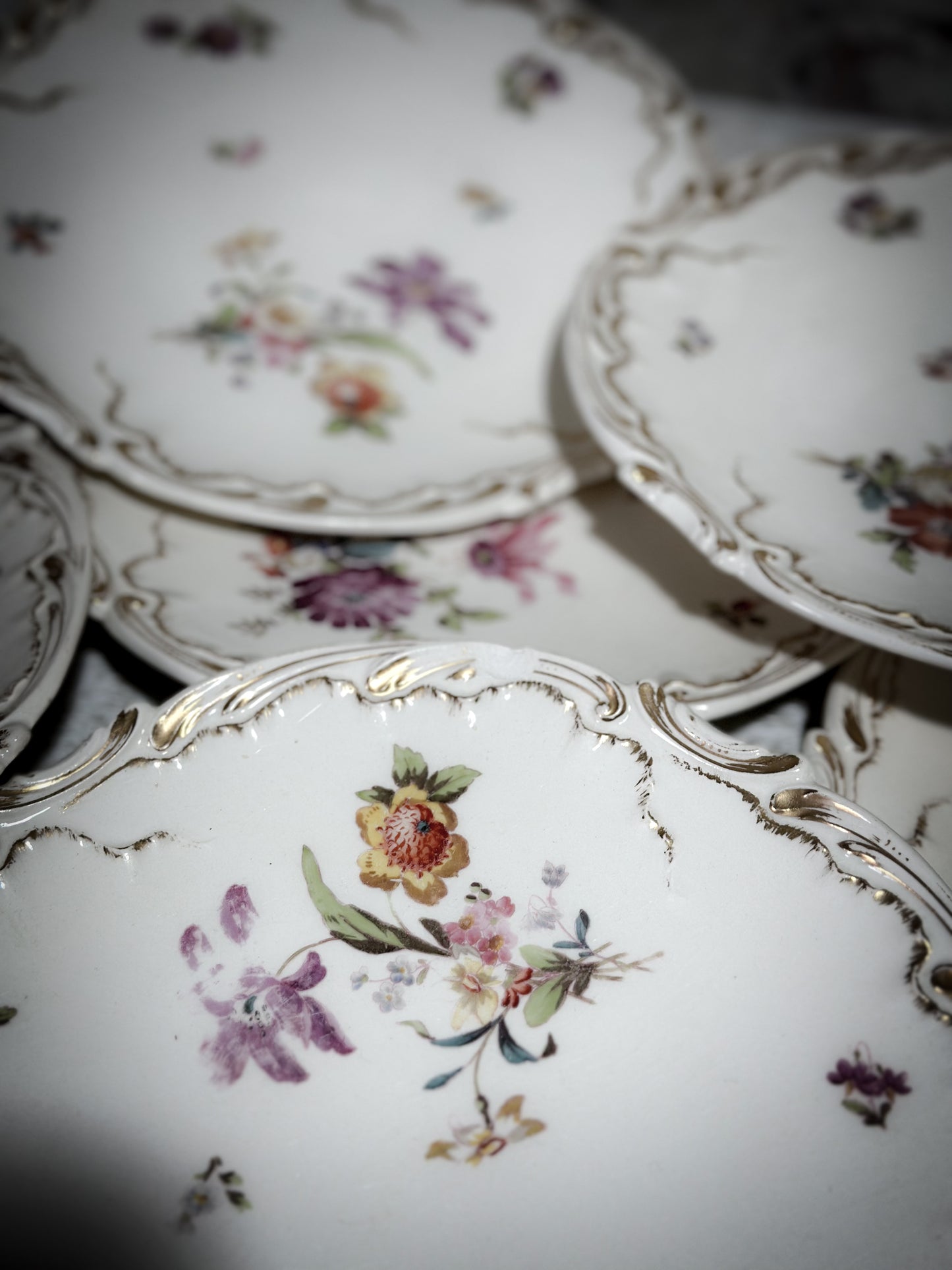 French Antique Sarreguemines Hand painted Floral Salad Plates