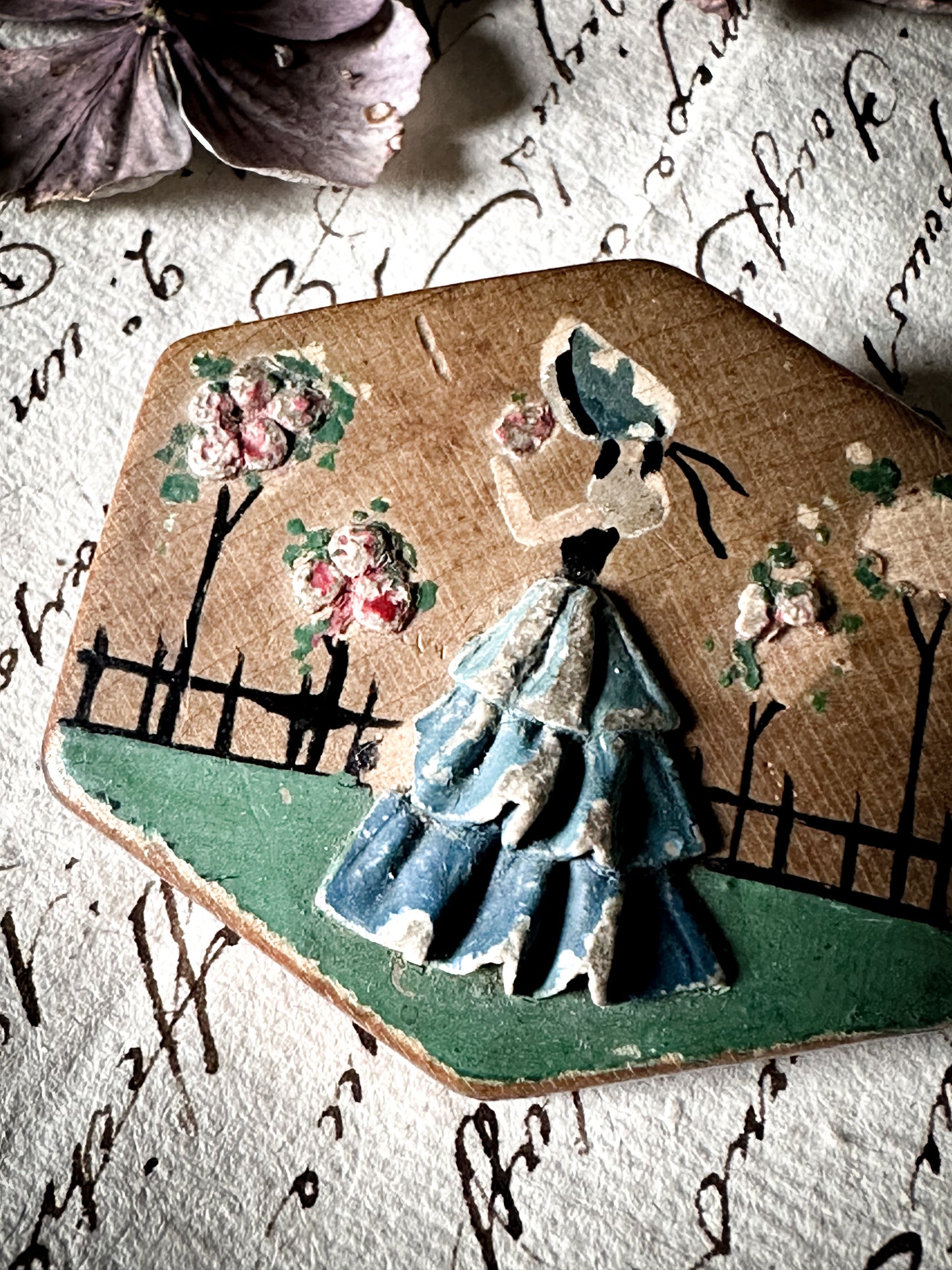 Pretty 1930’s carved wooden Crinoline lady hand painted brooch