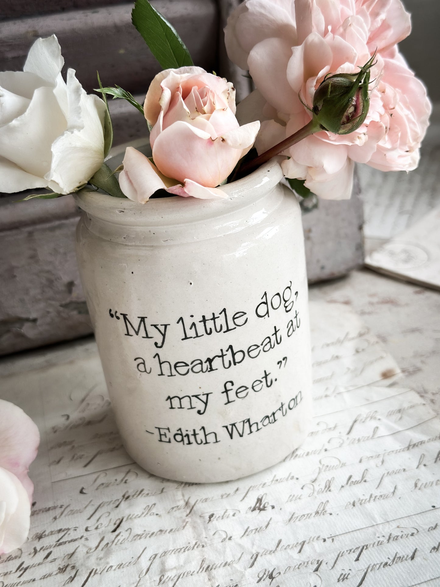 A Victorian unearthed  stoneware pottery Jar with a hand painted quote
