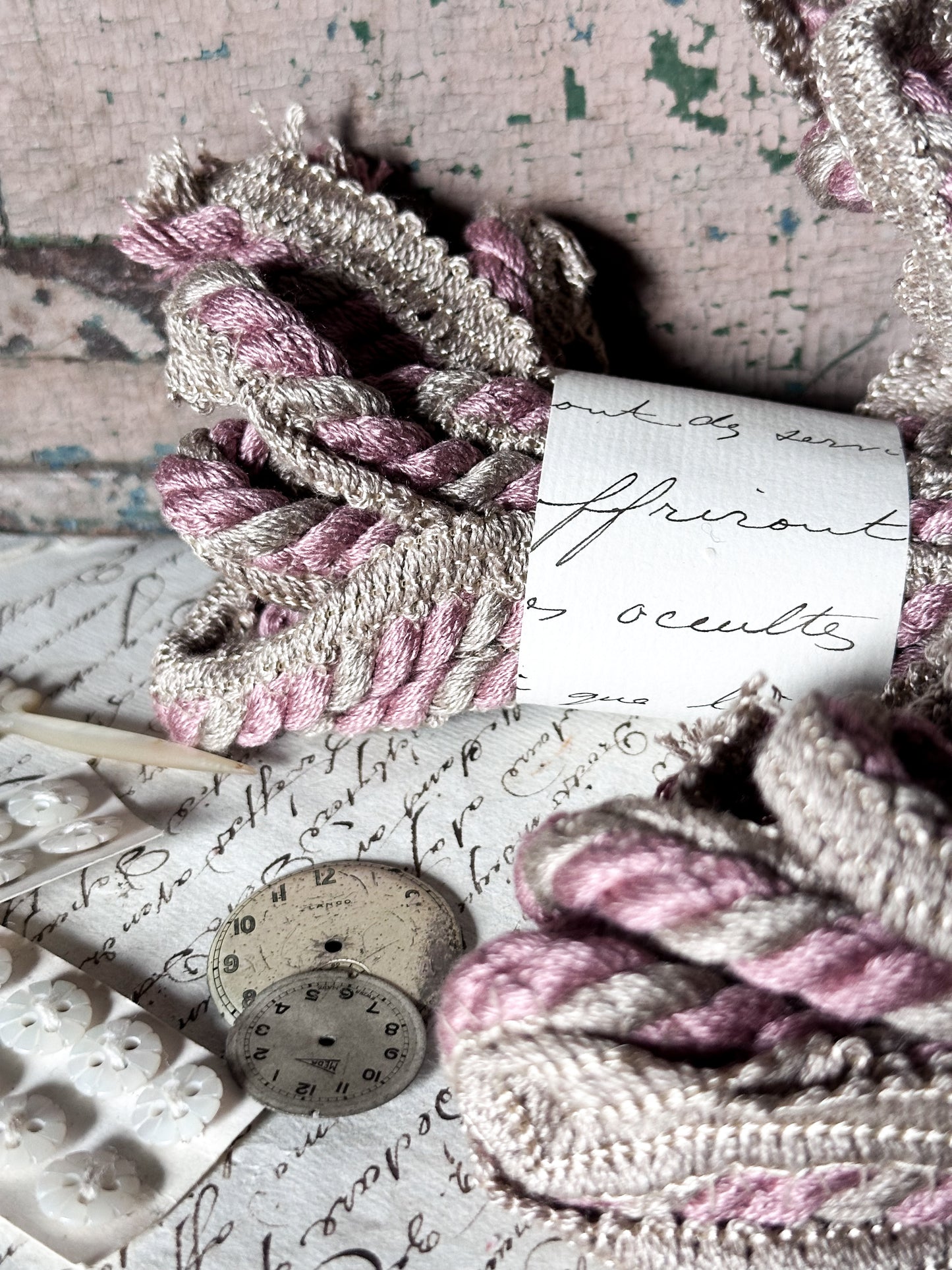 Vintage French Passementerie Trim – Pink and Cream Silk Braid with Original Paper Wrap