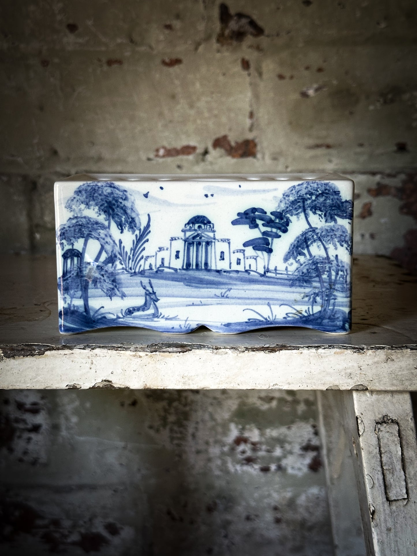 A beautiful Isis by Deborah seers Oxford, blue and white flower brick, tulipiere, flower frog, blue and white tin glaze vase