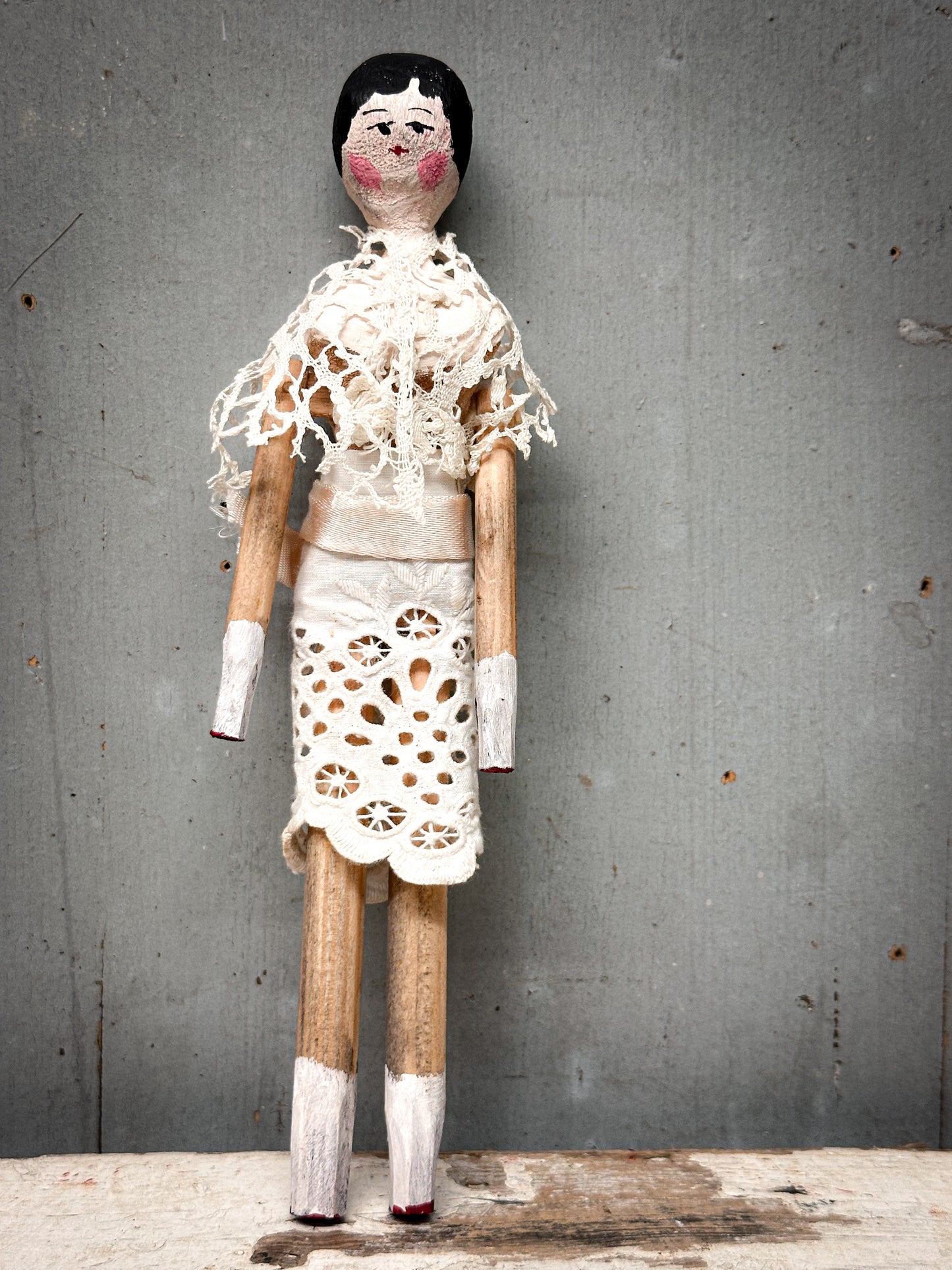 Antique Peg Doll / Grodnertal Doll with Wicker Crib