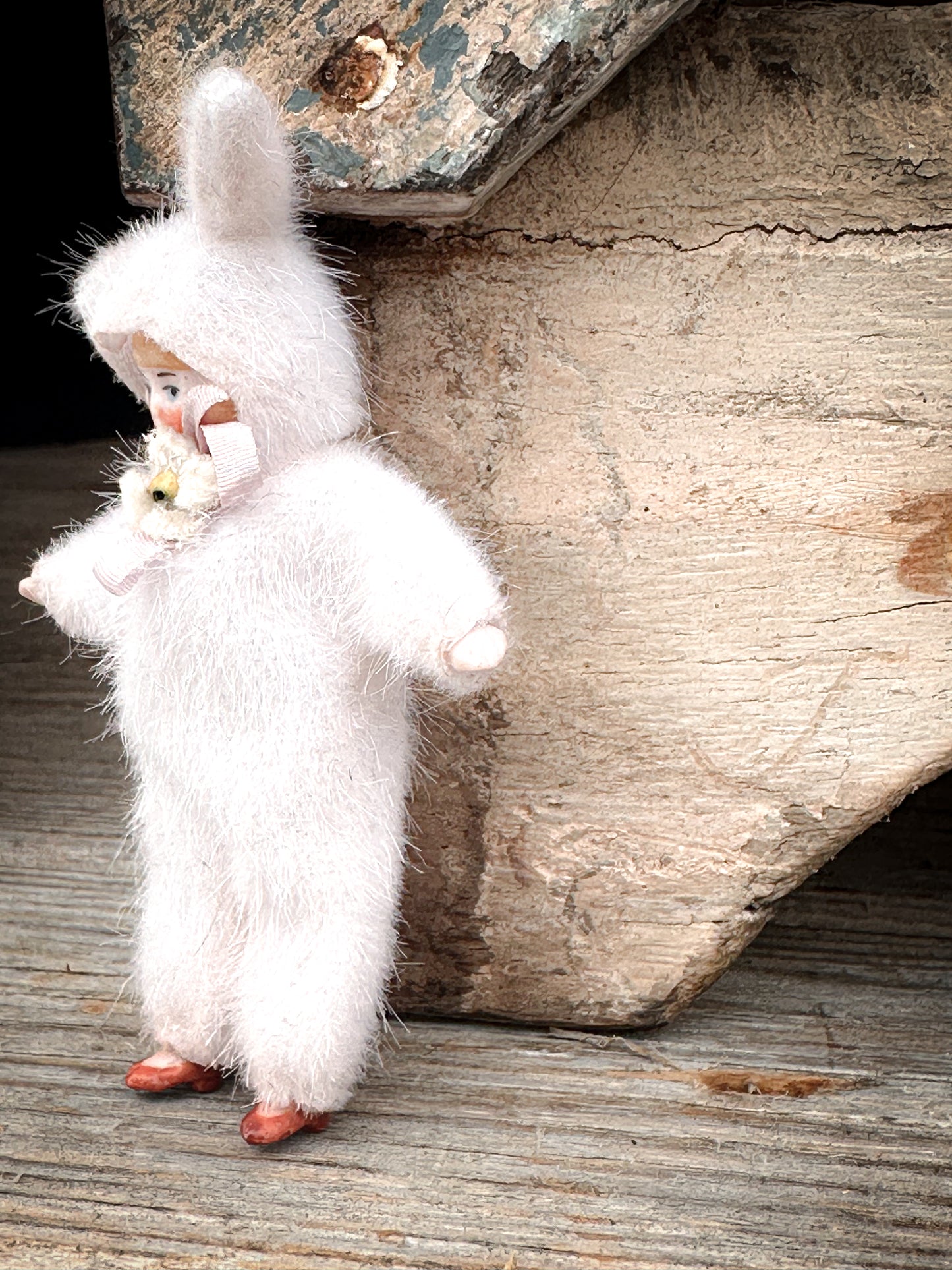 One of a Kind Handmade Artist Bunny Doll by Goody Two Shoes, Made from Victorian Bisque Doll, Miniature Collectible