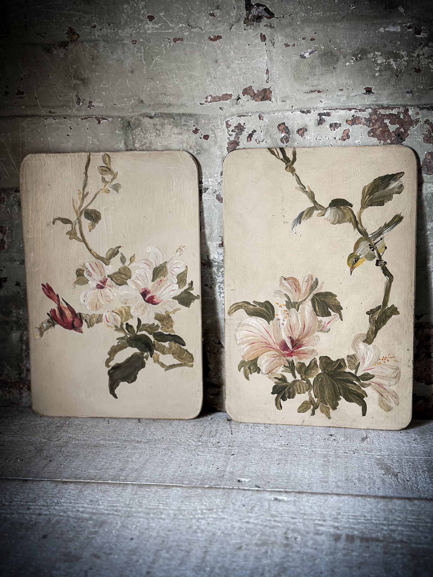 A Beautiful pair of Painted Panels with Hibiscus Flowers and Birds