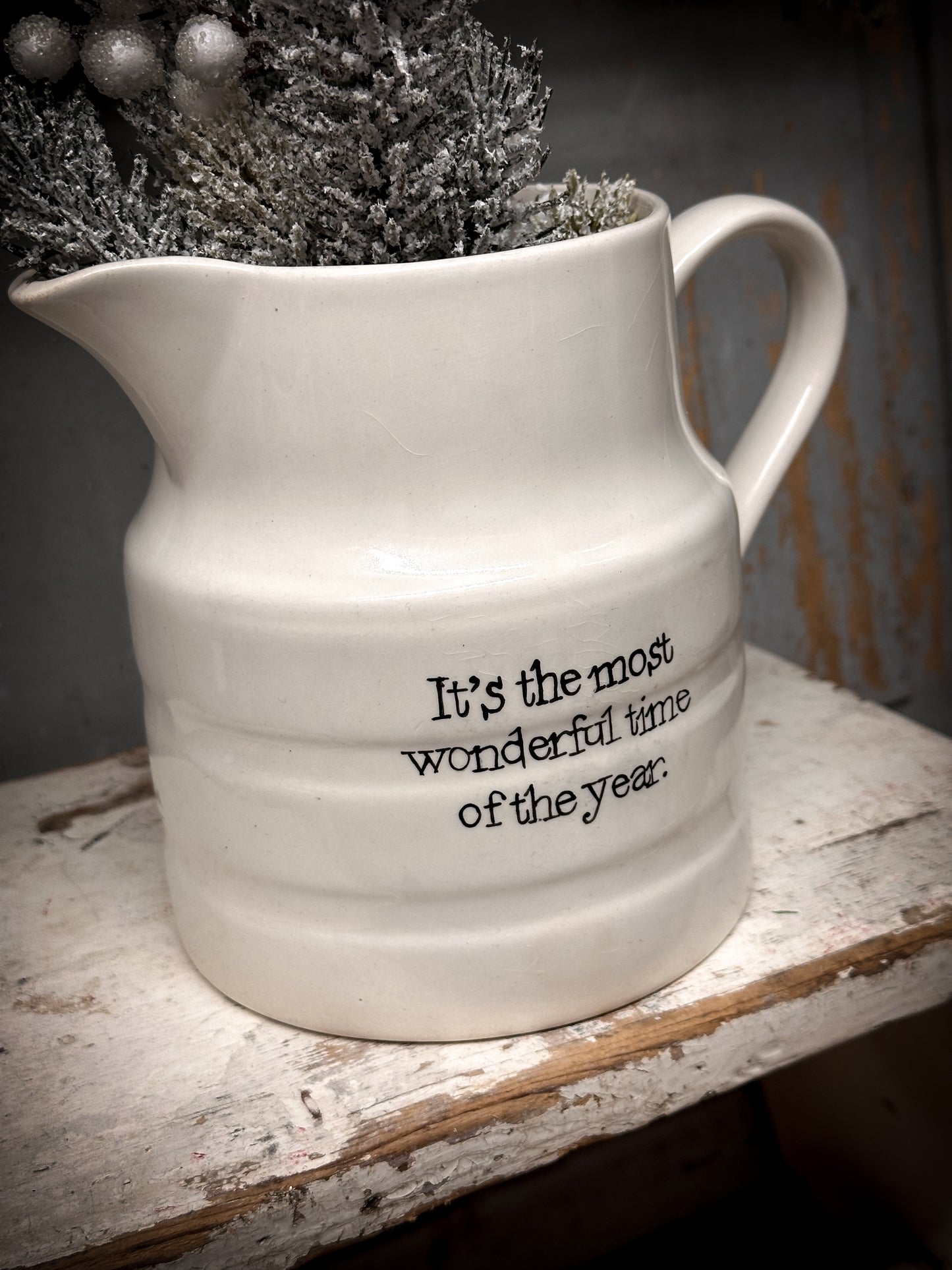 An Antique Ironstone Banded Jug with a Christmas hand painted quote