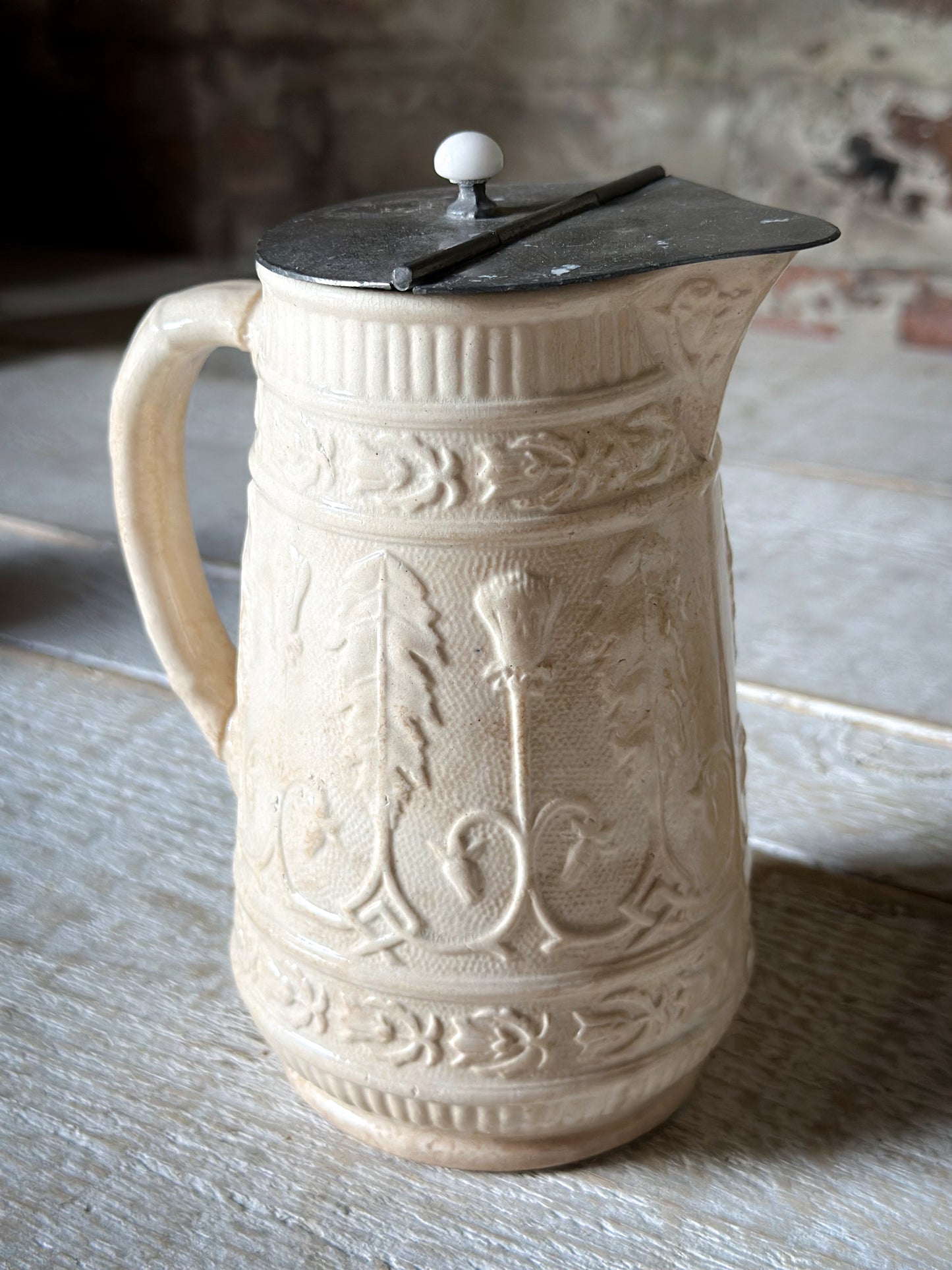 Antique Victorian Creamware Jug with Original Self-Closing Pewter Patent Lid