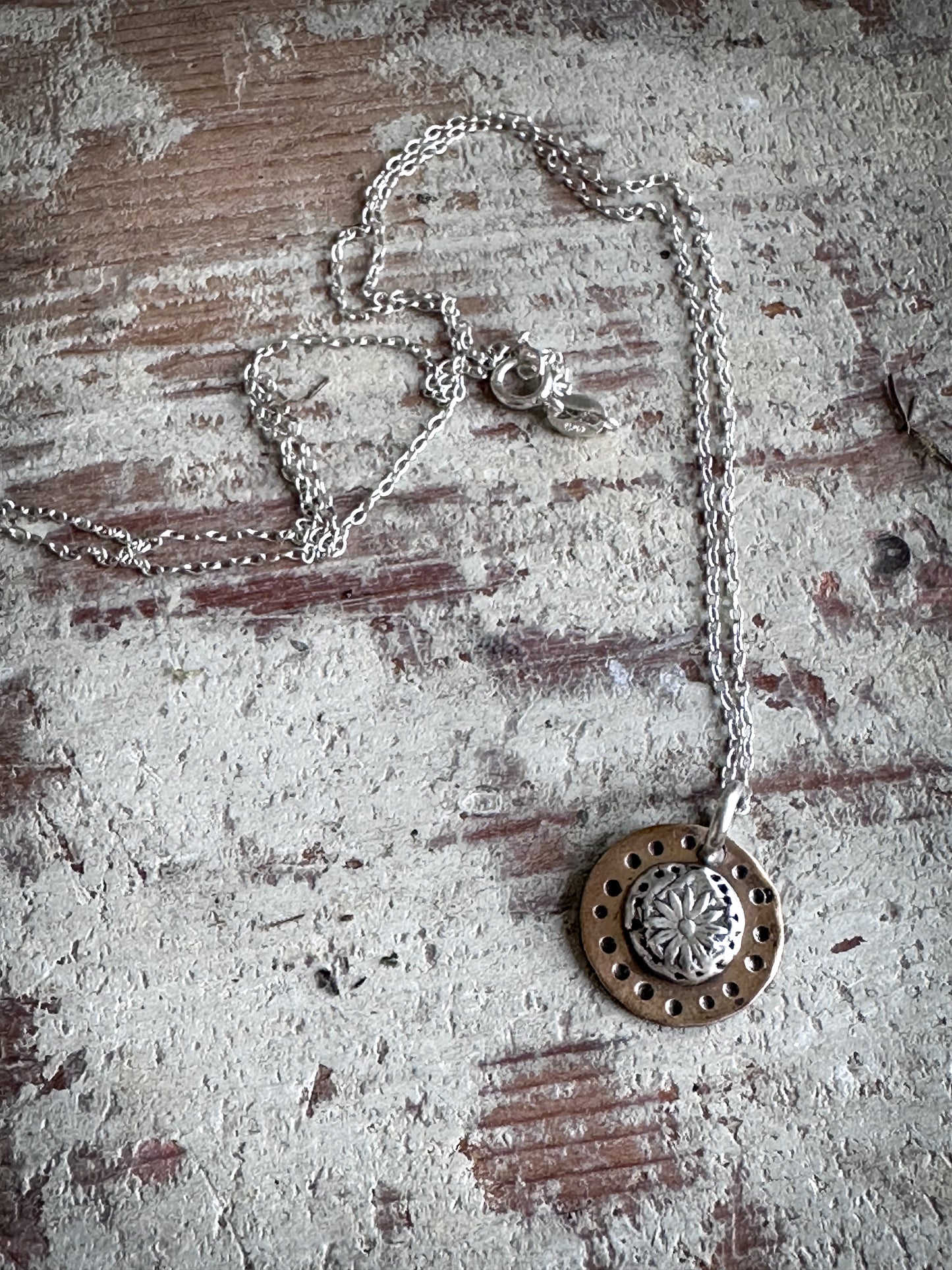 Moon Garden Medallion – Fine Silver Botanical Sprig on Hand-Stamped Copper