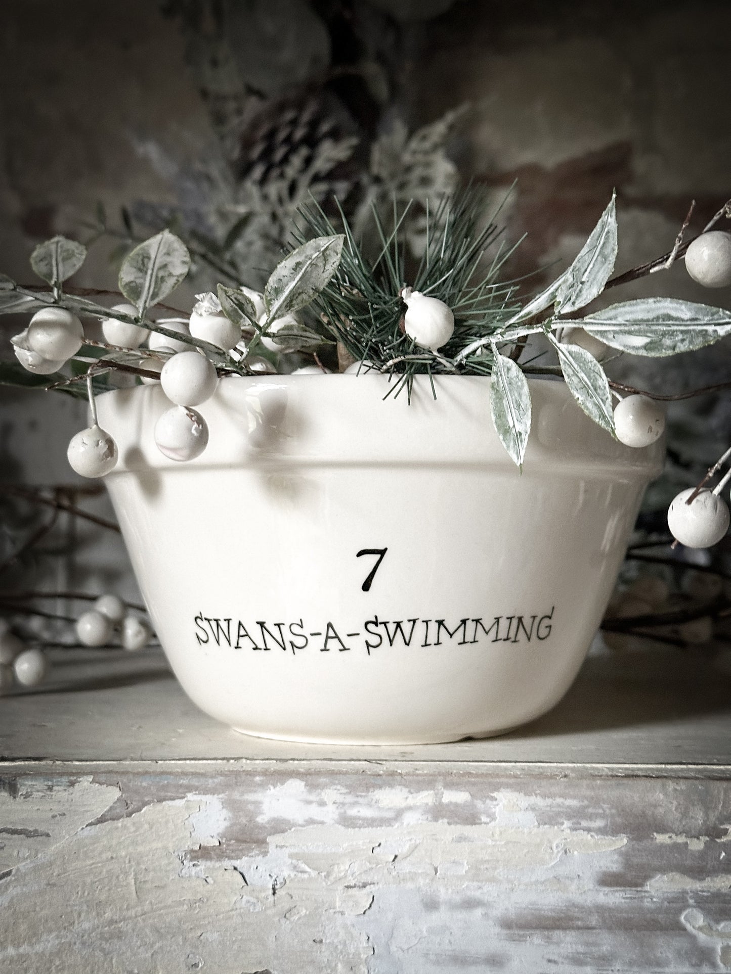A beautiful vintage Illustrated Ironstone pudding bowl with a hand painted quote