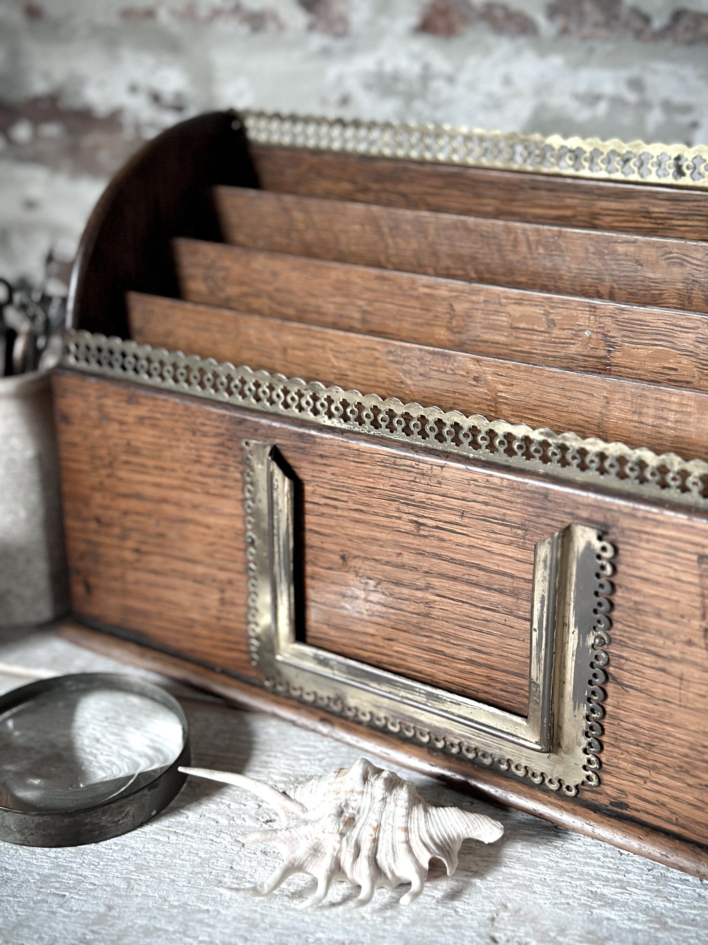 Victorian Oak Letter Rack with brass fretwork