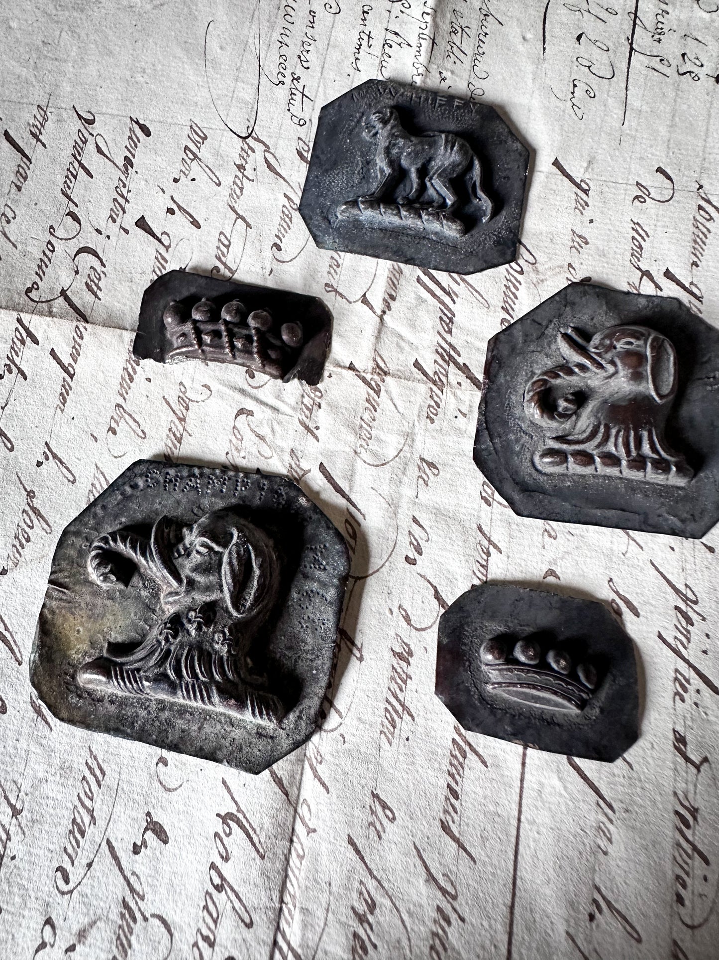 Antique Heraldic & Decorative Pressed Tin Die Pattern Collection – Elephant, Monkey & Crown Motifs c.1900