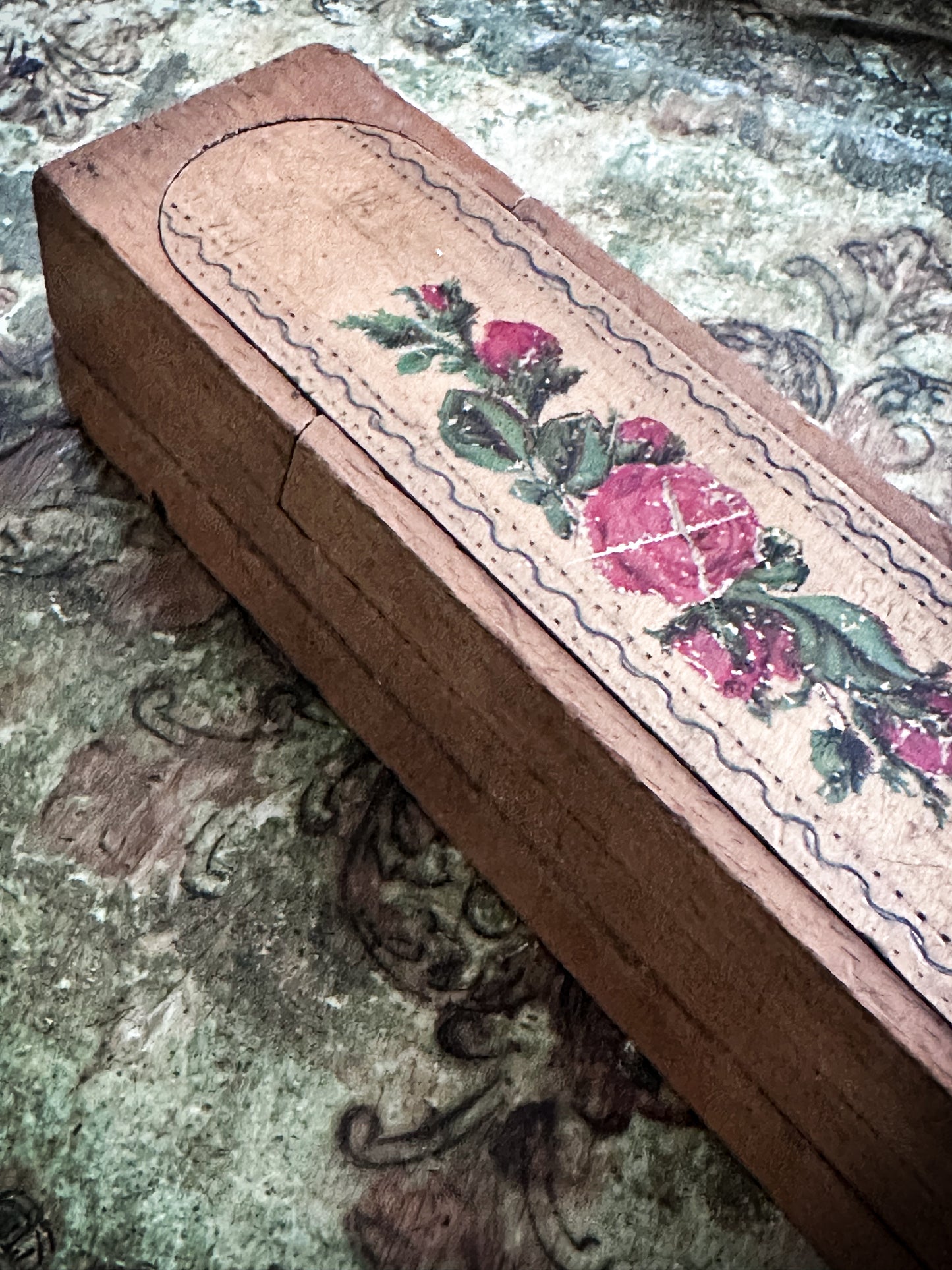 Vintage Wooden School Pencil Case with Roses
