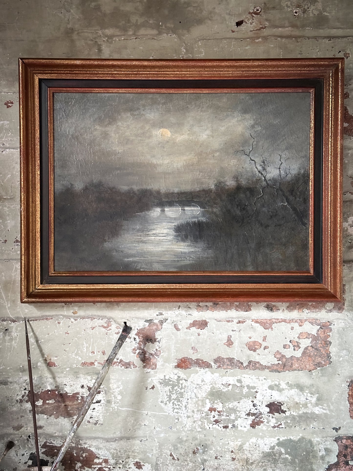 A beautiful antique landscape oil painting “Moonlight over the Bridge”