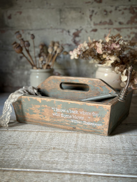 A pretty vintage chippy paint wooden garden trug with a hand painted quote