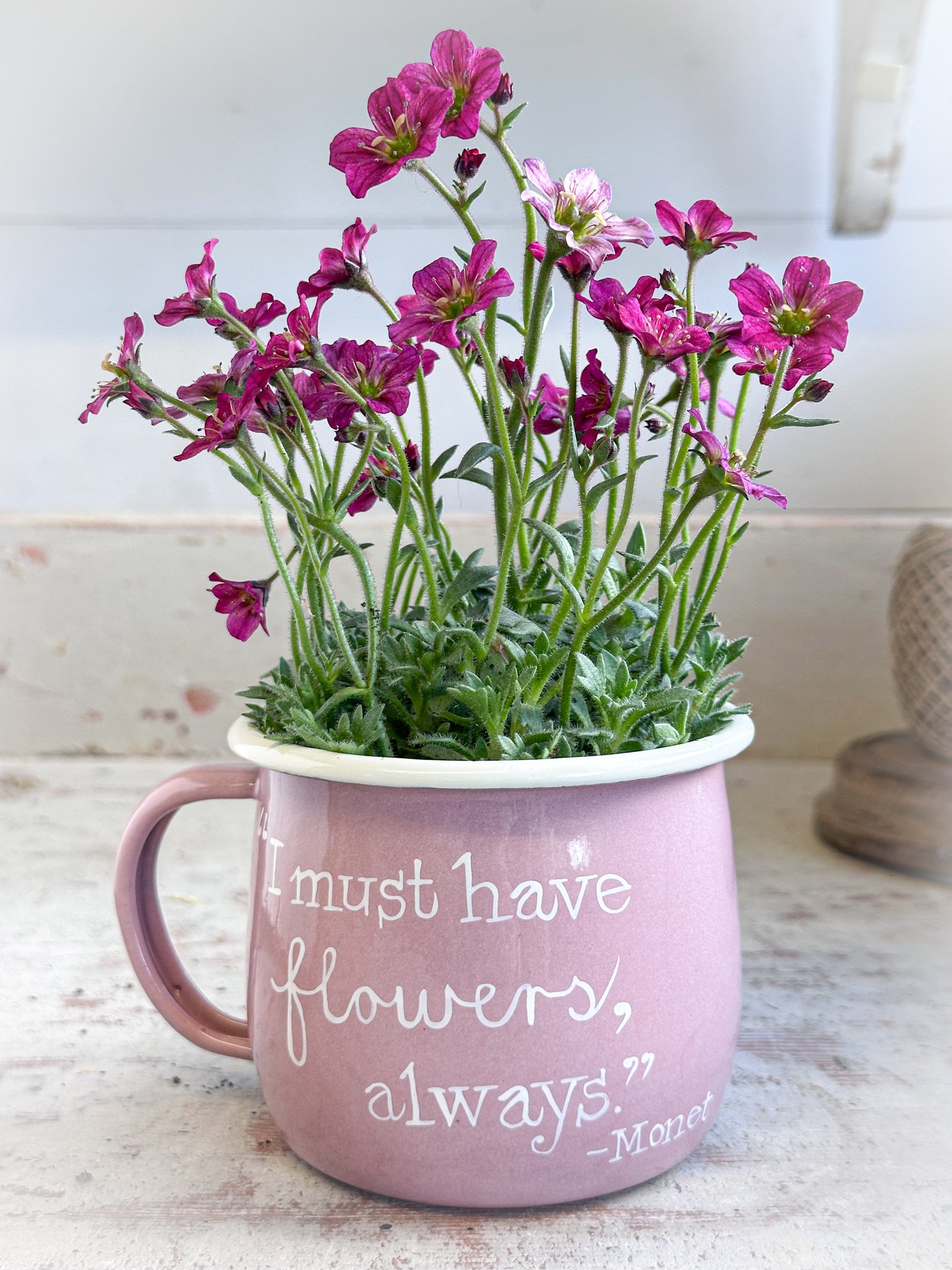 A Pink Enamel Belly Mug Planter “I Must Have Flowers” - Monet Quote