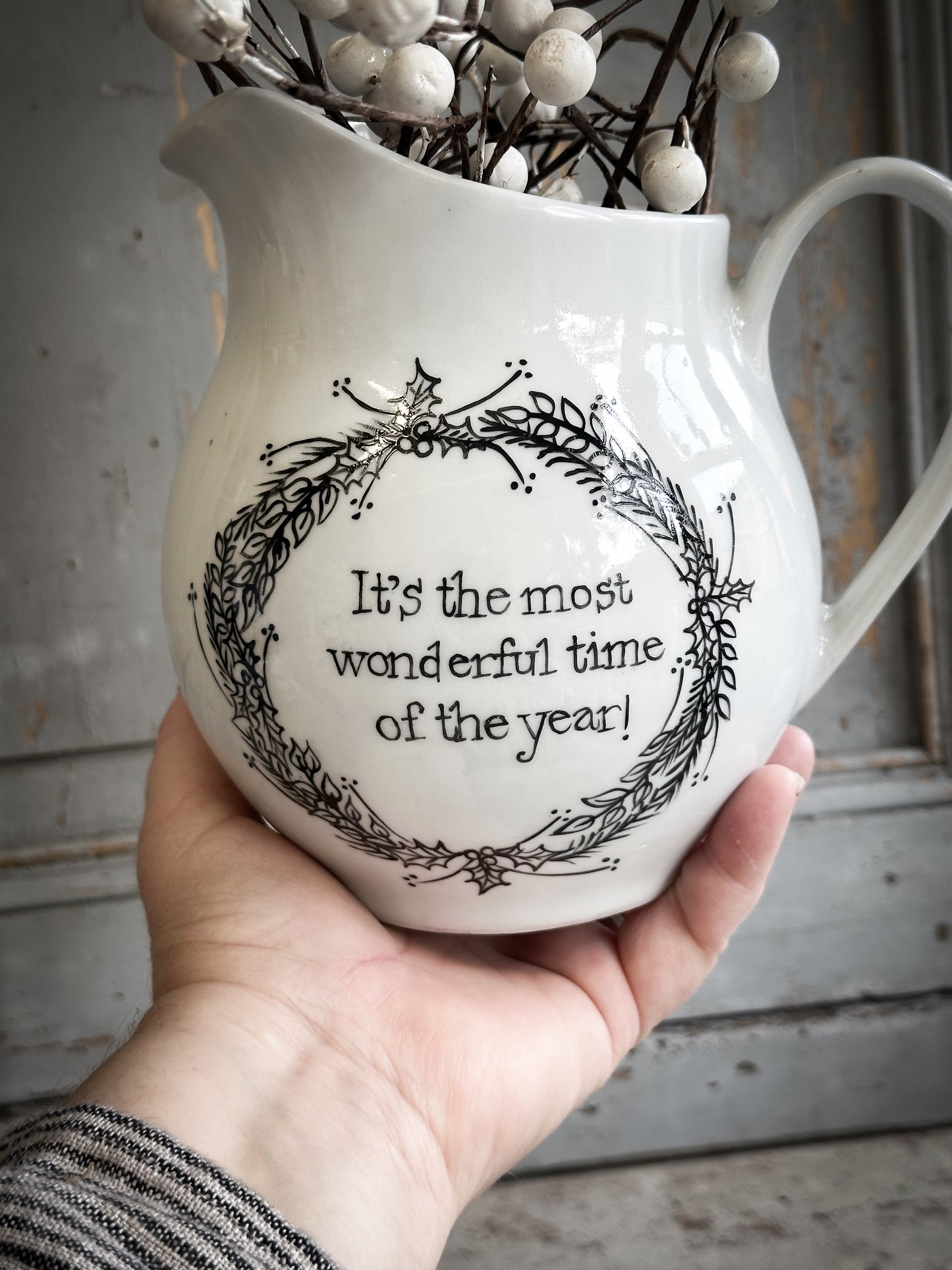 A beautiful Vintage Ironstone jug with a Christmas hand painted quote