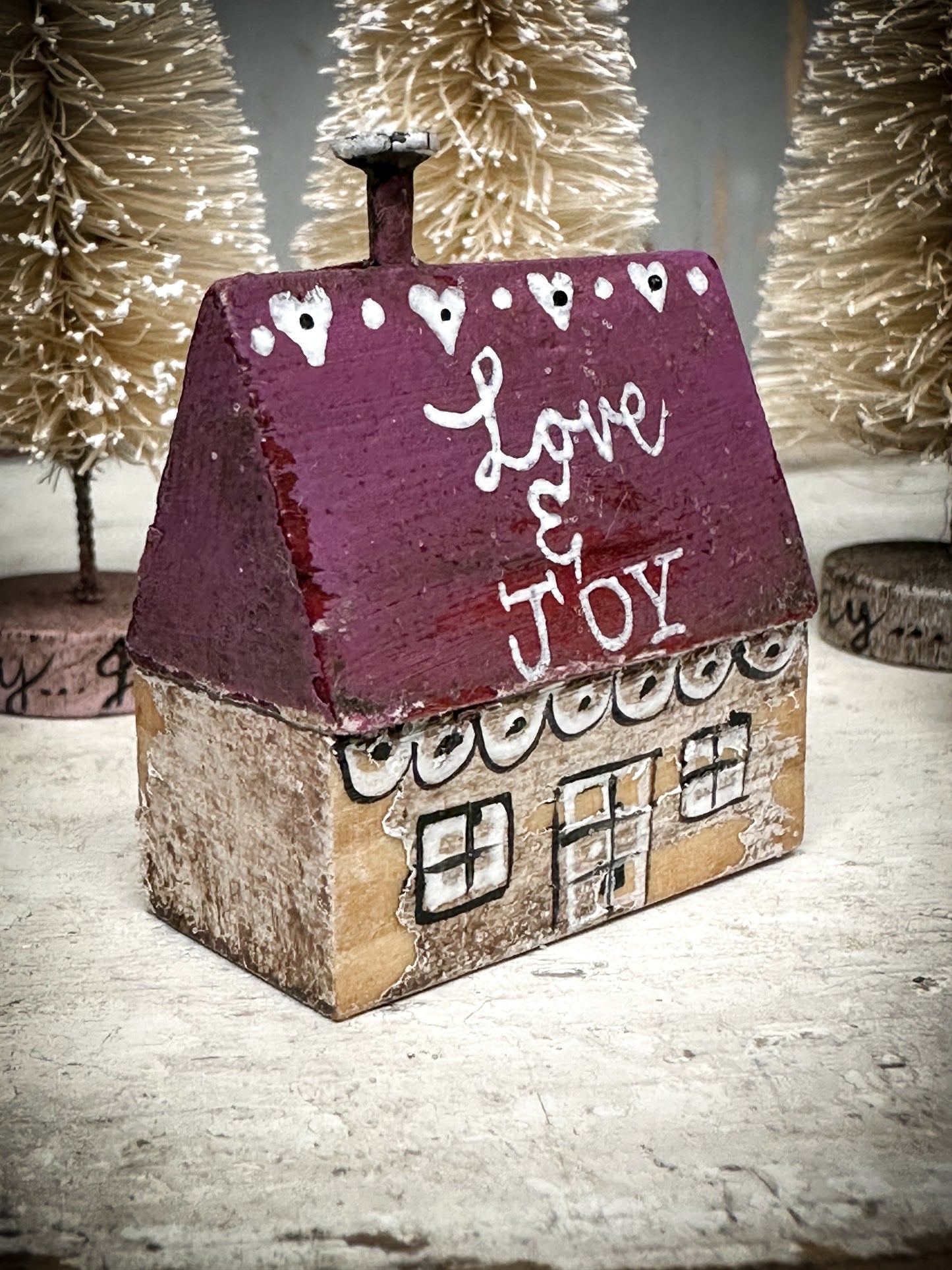 A small Vintage German Erzgebirge Putz Wooden Village House “Love & Joy”