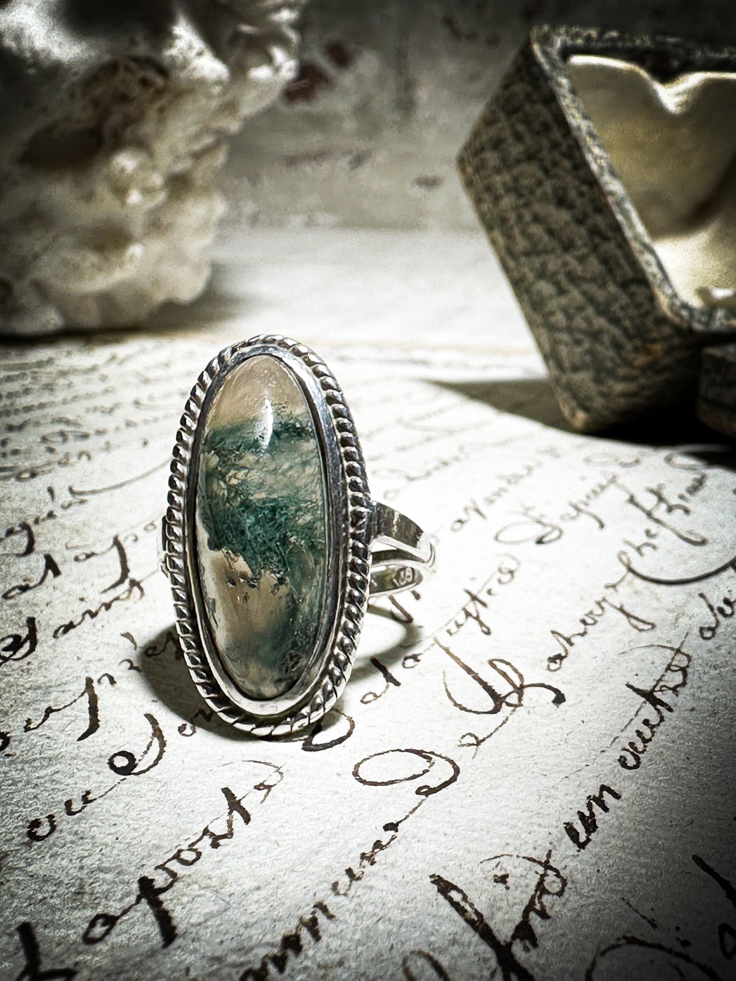 Vintage Hallmarked Silver Oval Moss Agate Ring