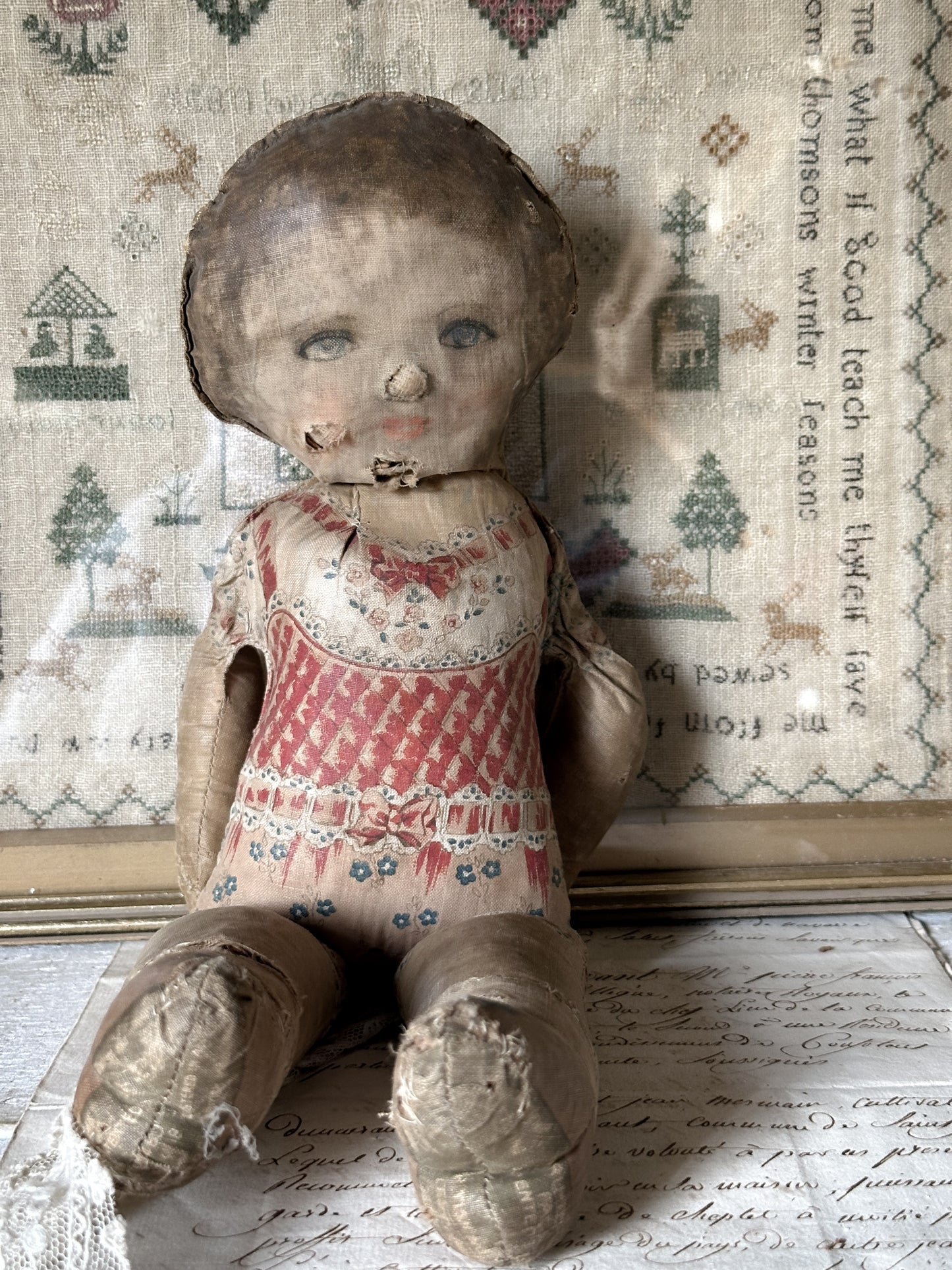 Gorgeous early Dean’s Rag book printed doll with pink flowers