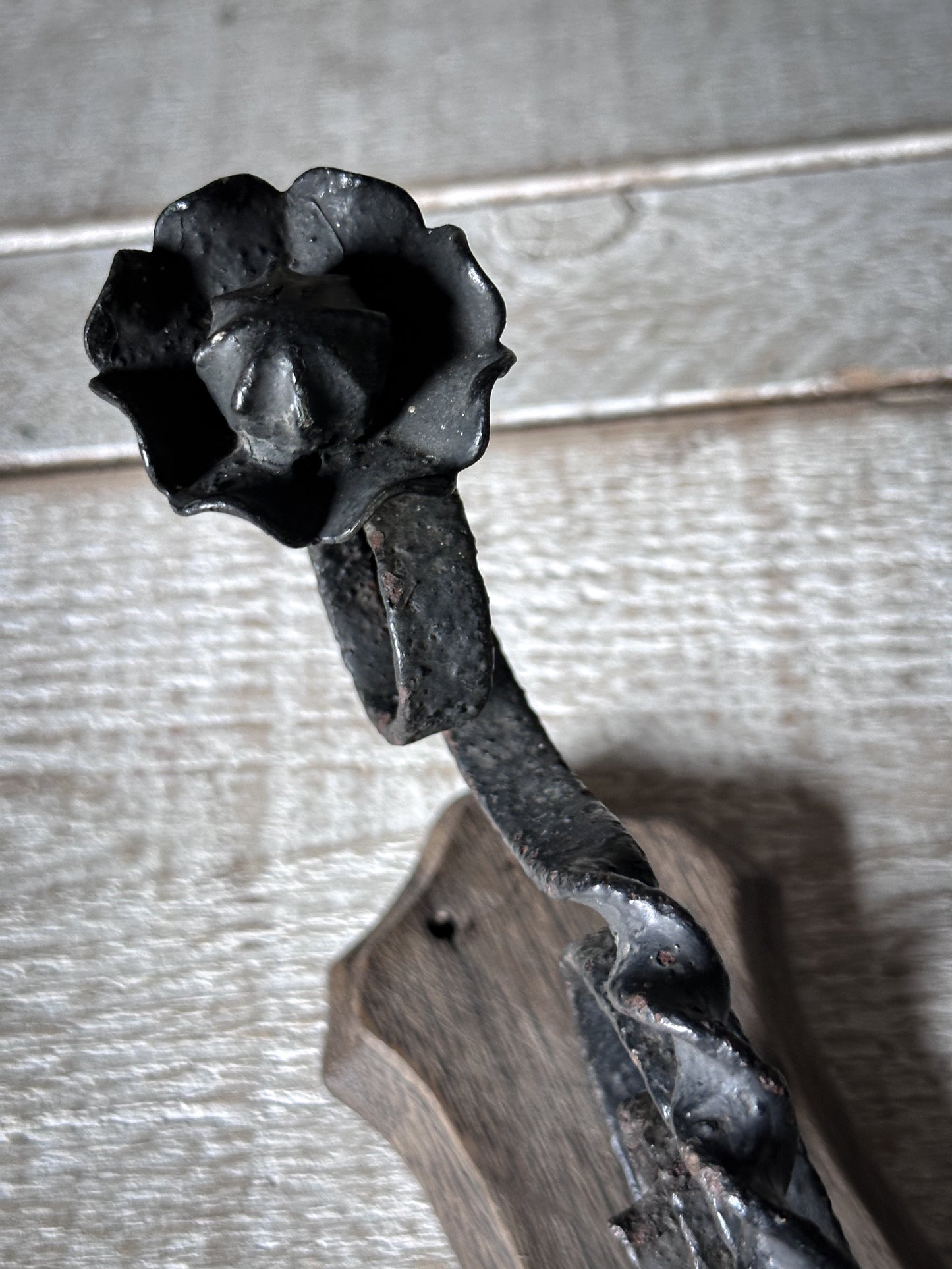 Antique Hand-Forged Wrought Iron Wall Bracket | Folk Art Scrollwork Hook on Wooden Backplate