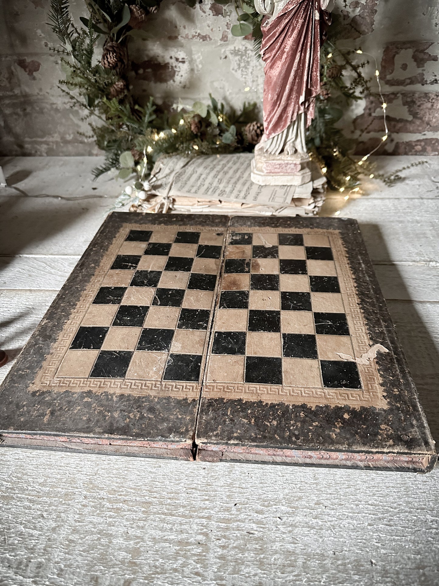 Amazing antique faux English Games book with hidden leather bound backgammon and chess board