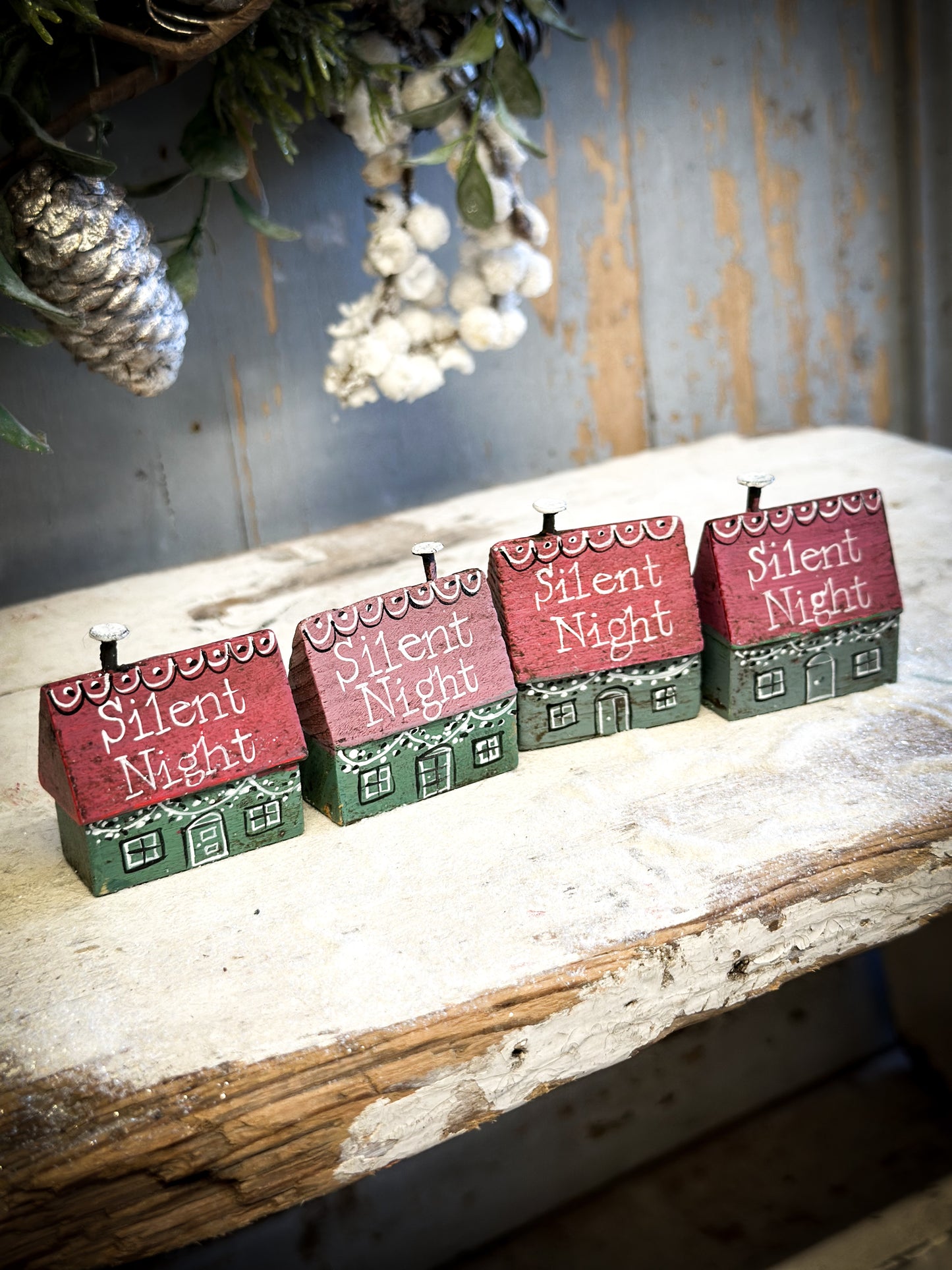 A Pretty Vintage German Erzgebirge Putz Wooden Village House “Silent Night”