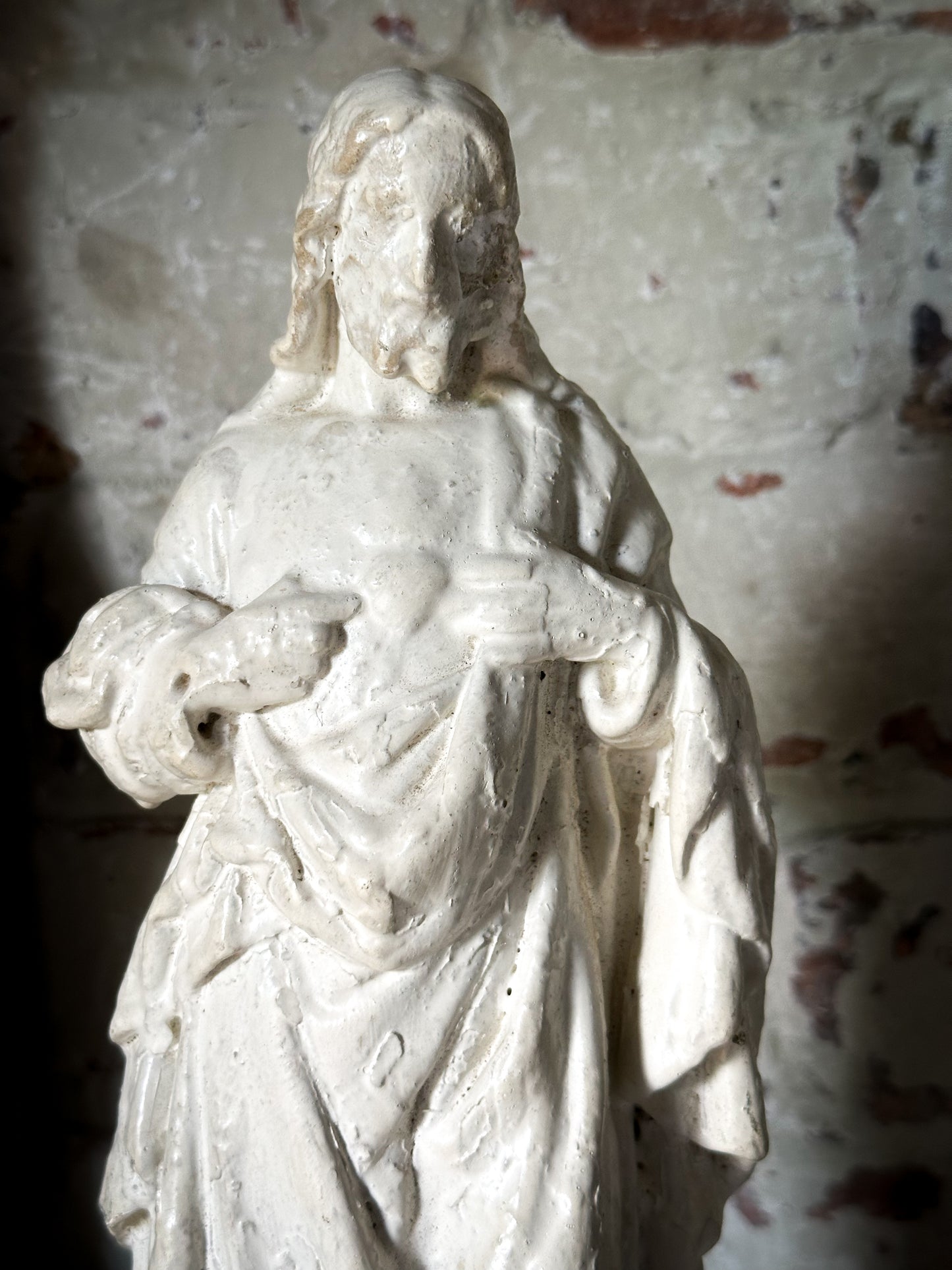 Antique painted chalk ware French Religious statue of Christ Jesus