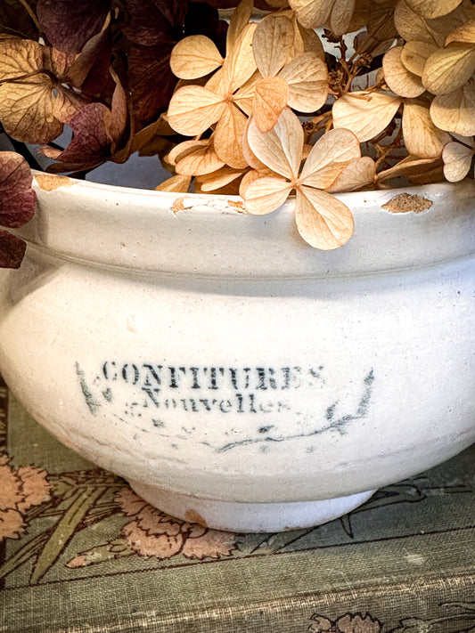 Rare Antique French “Confitures Nouvelles” Jam Pot – Blue Transfer Farmhouse Kitchenalia