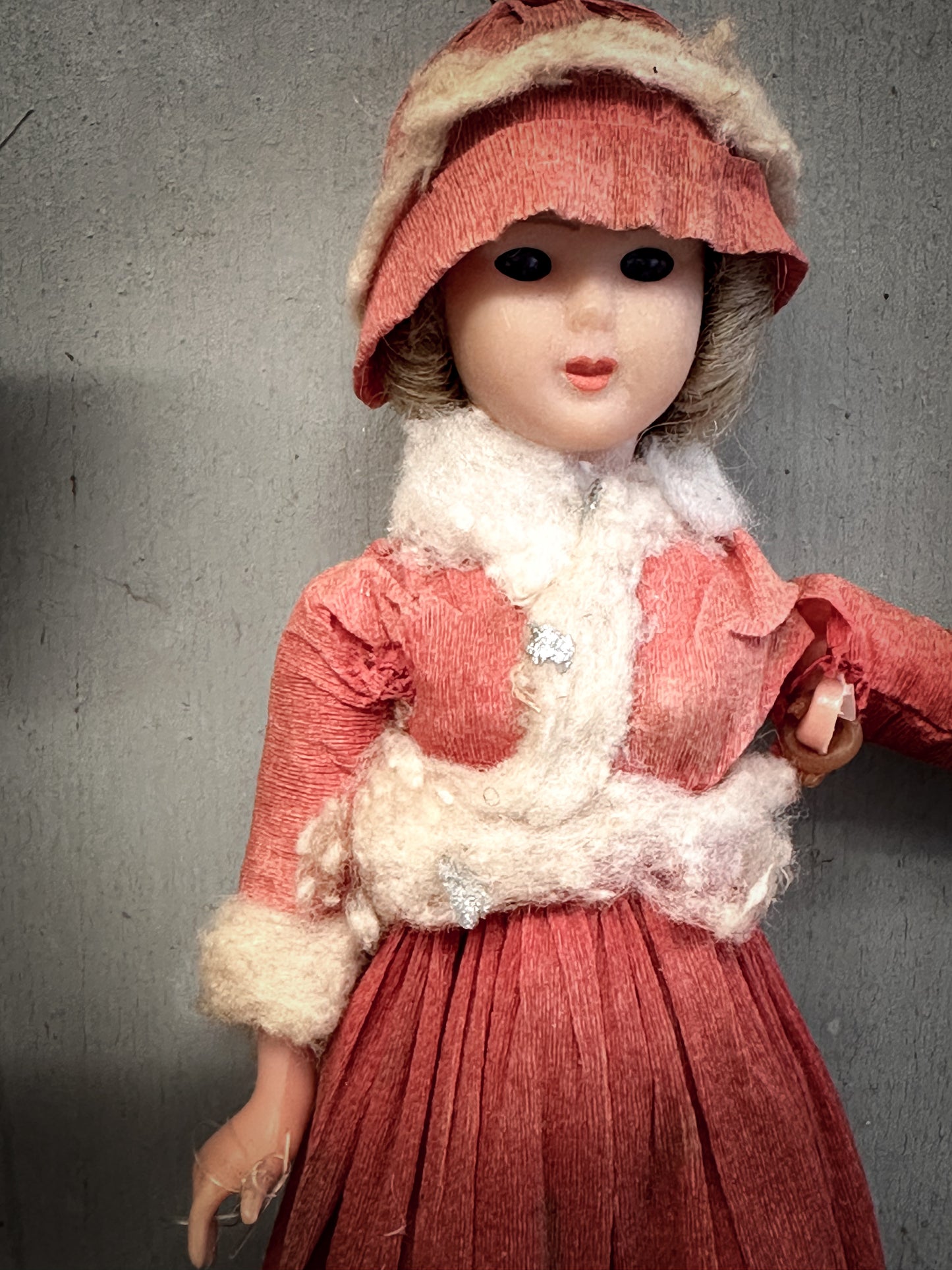 Mid-20th Century German Crepe-Paper Winter Girl Skier With oral provenance linking her to the Bletchley Museum collection