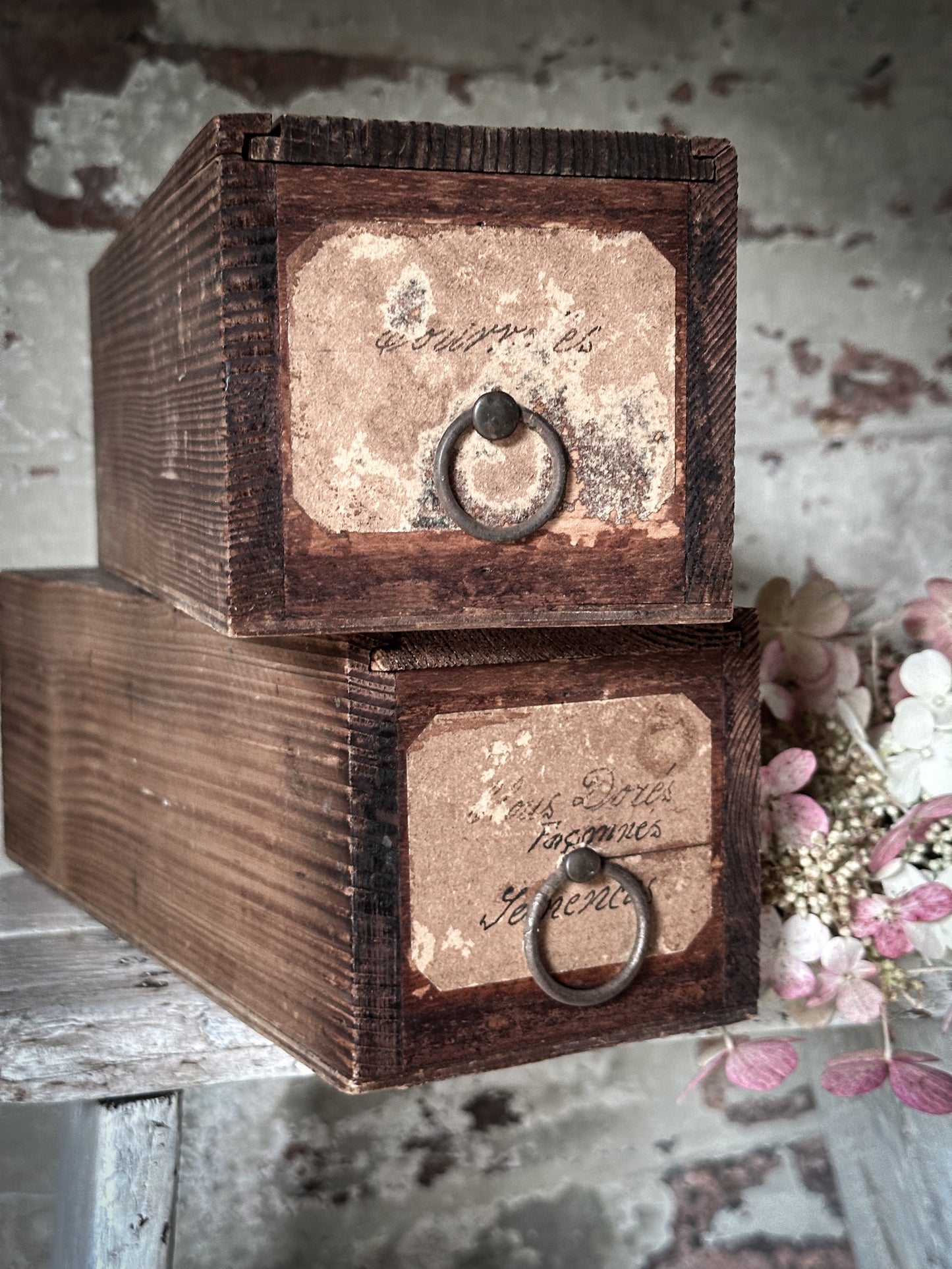 A wonderful French wooden engineer’s drawer with hand written label and sliding lid