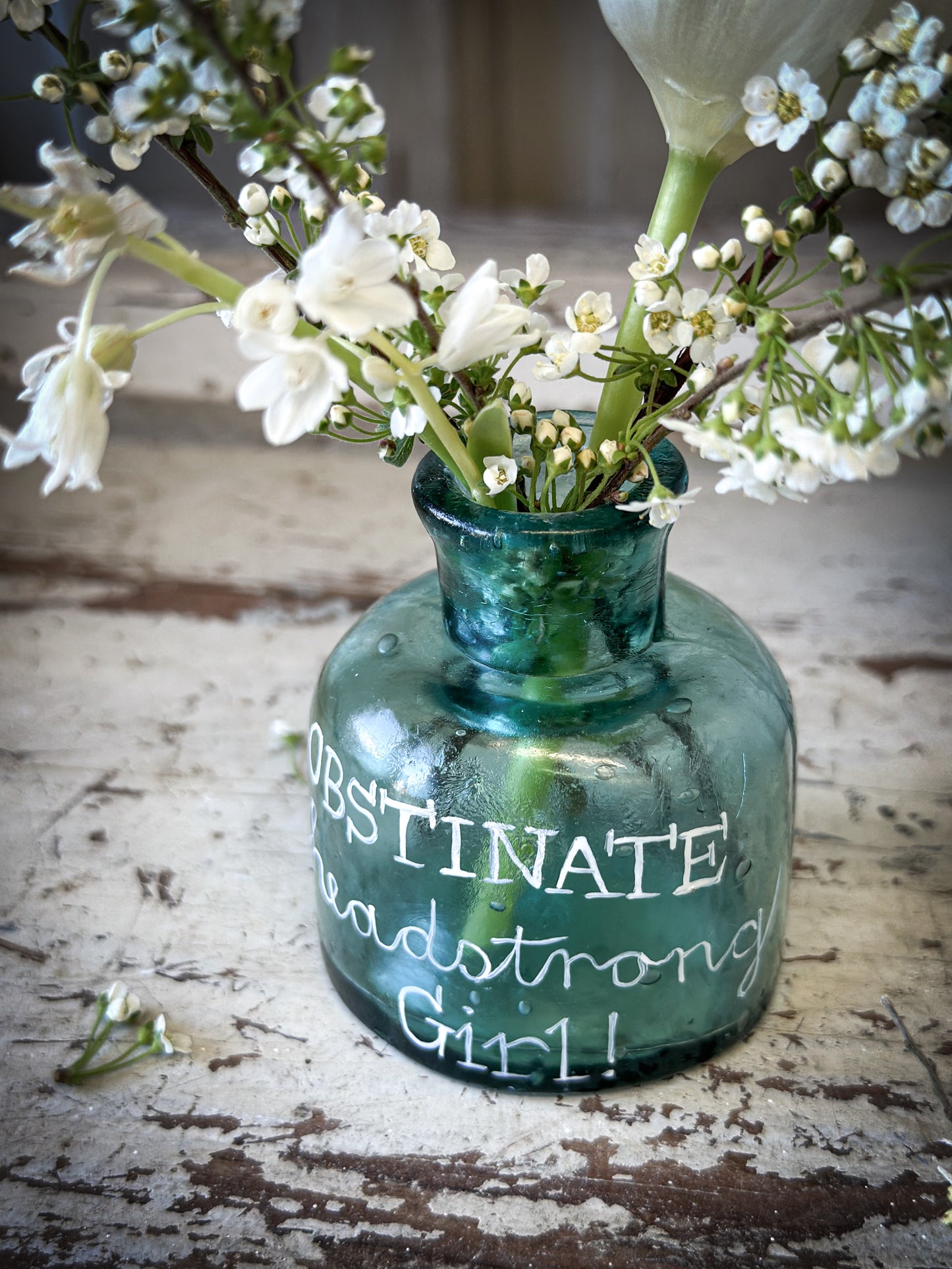 A beautiful Victorian glass ink bottle “Obstinate, headstrong girl”