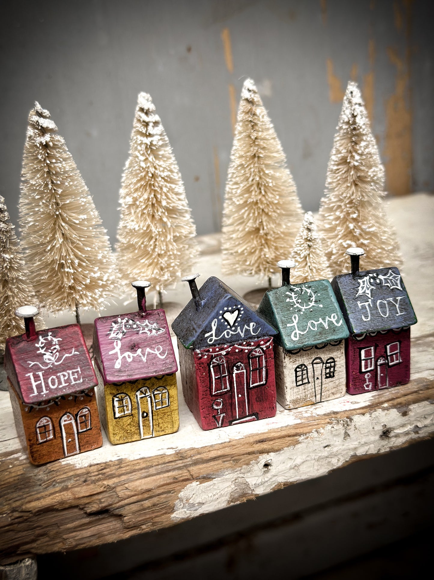 A mini Vintage German Erzgebirge Putz Wooden Village House “Love”