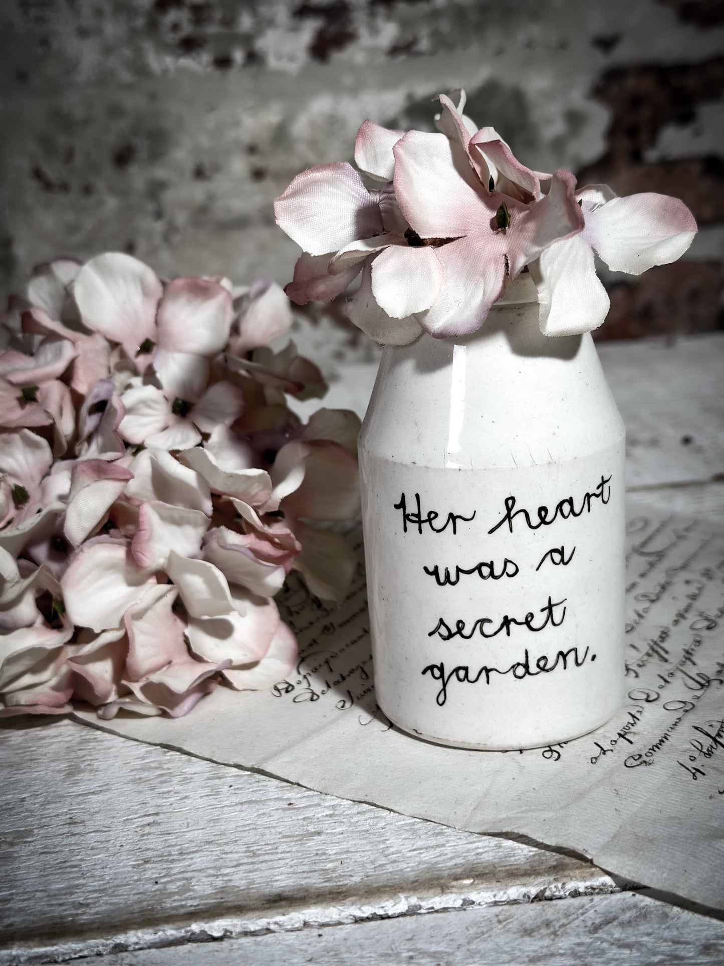 An Antique Creamery Vase Bottle with a Hand Painted Inspirational Quote