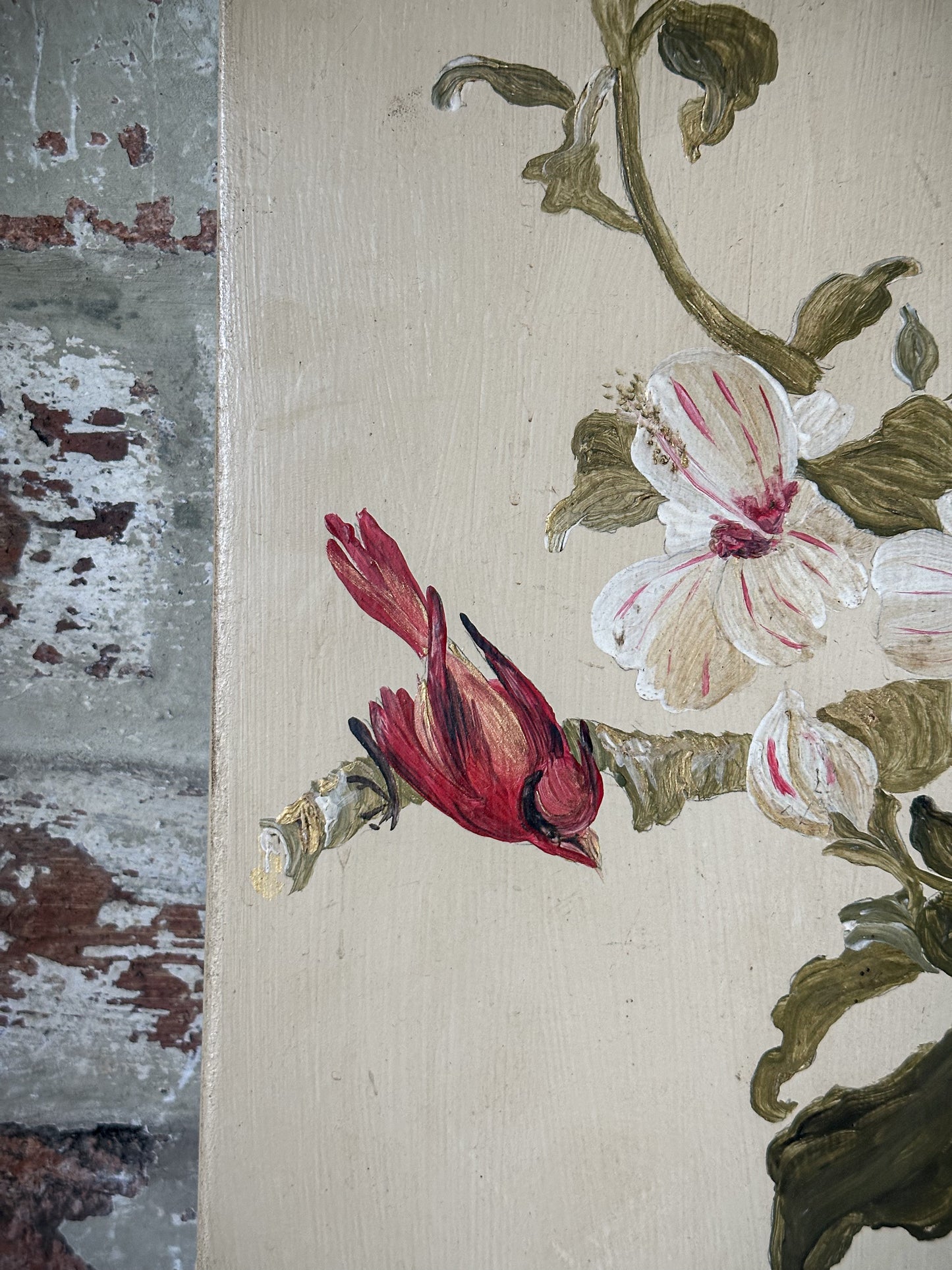 A Beautiful pair of Painted Panels with Hibiscus Flowers and Birds