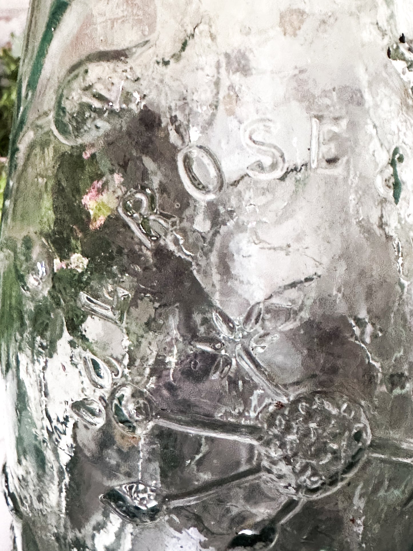 Victorian Rose’s Lime Cordial Bottle – Tall Embossed Floral Aqua Glass