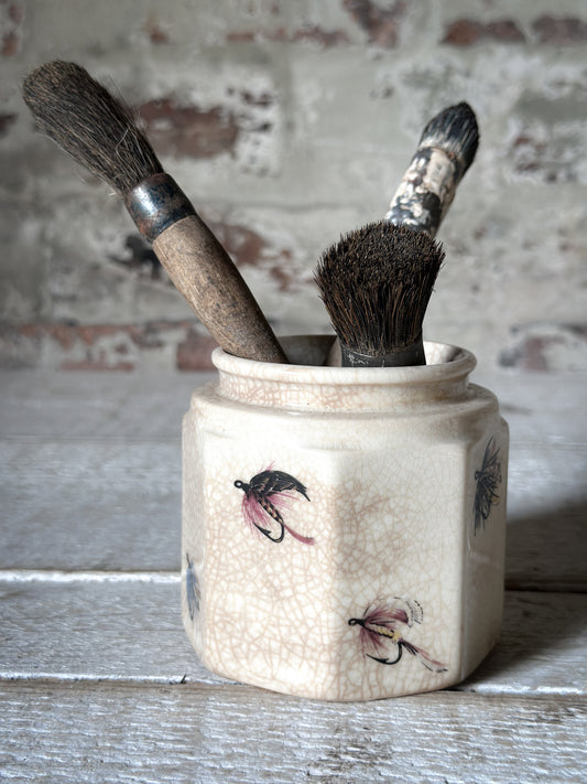 Vintage Frank Cooper Oxford Marmalade Jar with Fishing Fly Decoration | English Pottery Brush Pot