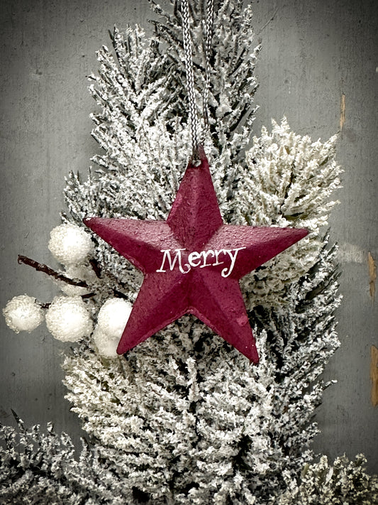 A Medium Plum Tin Barn Star Christmas Decoration “Merry”