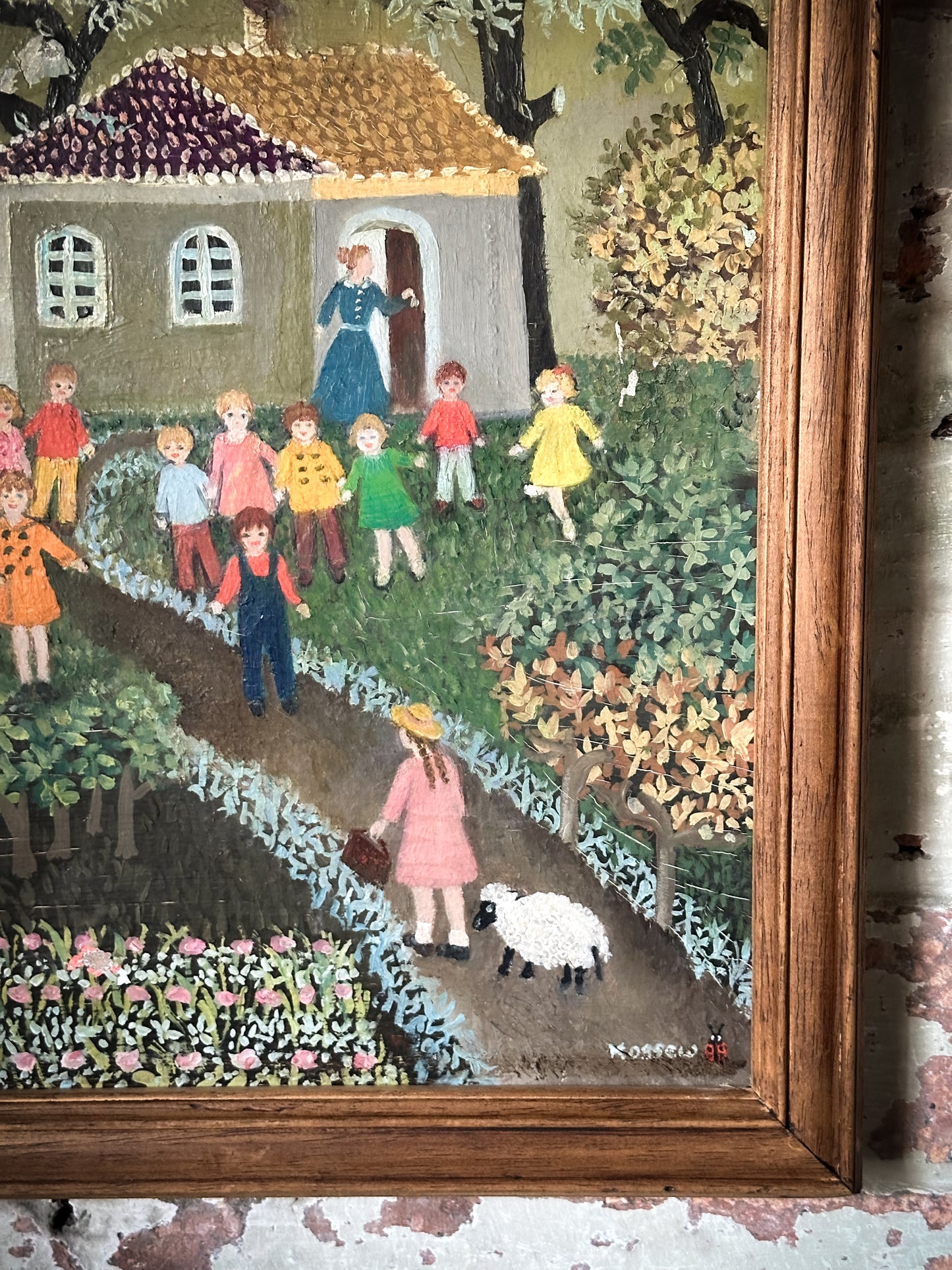 A Wonderful Vintage Naive Oil on Canvas Painting of a Nursery Rhyme “Mary Had a Little Lamb”