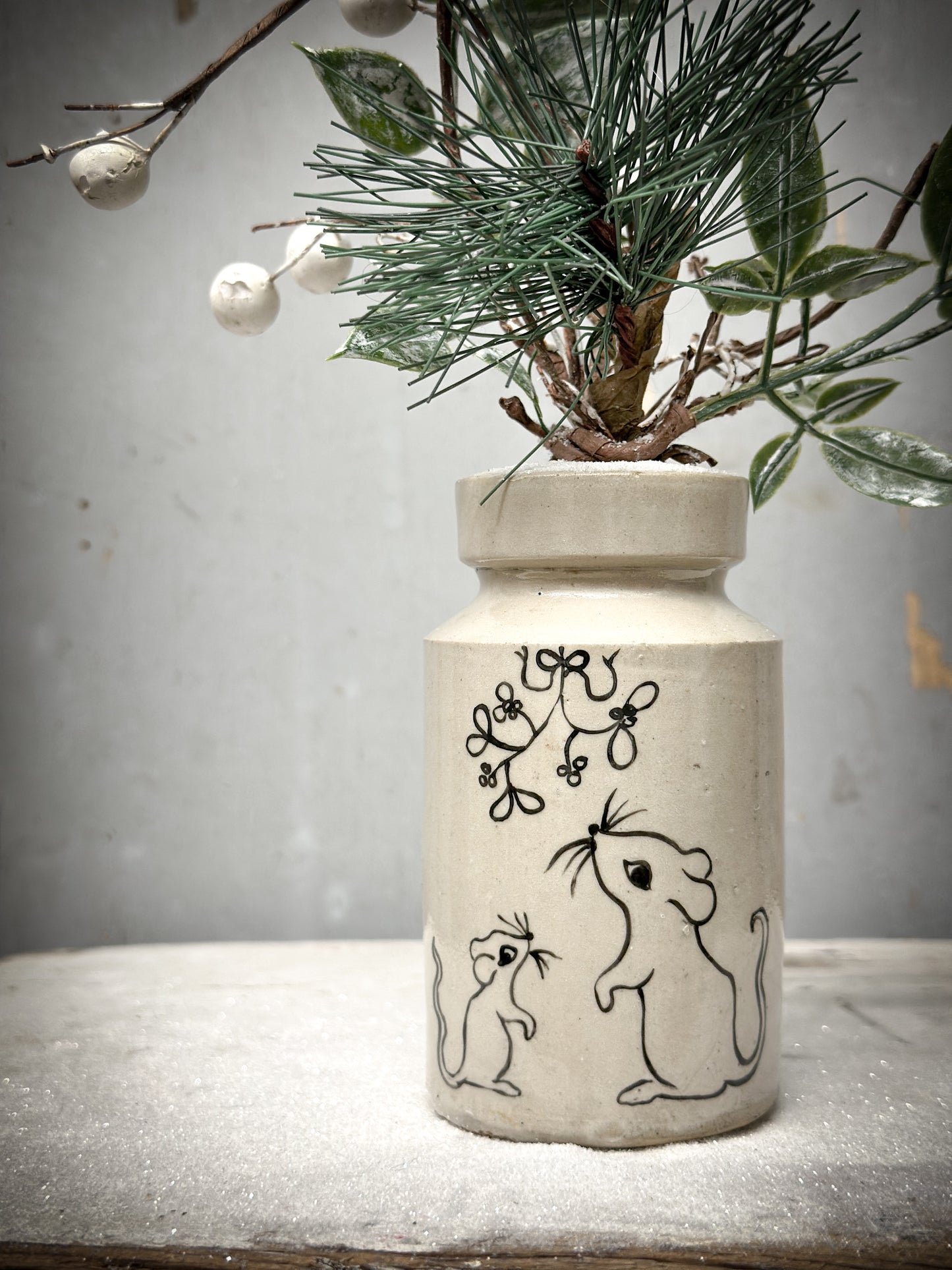 A Hand Painted Mini Victorian Illustrated “ Baby’s First Christmas” Stoneware Bottle