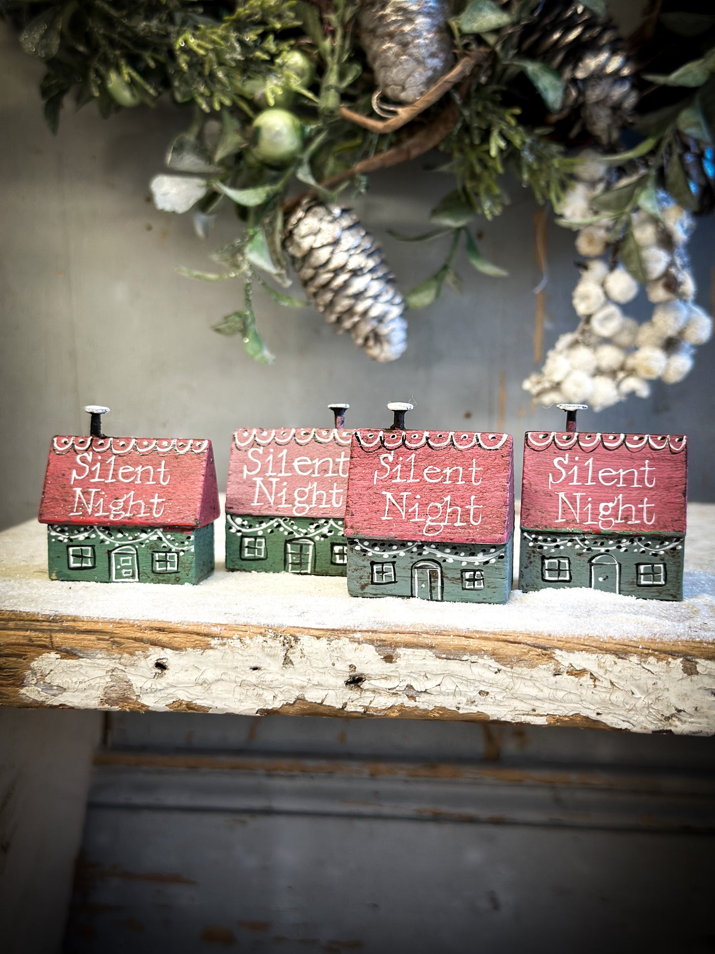 A Pretty Vintage German Erzgebirge Putz Wooden Village House “Silent Night”