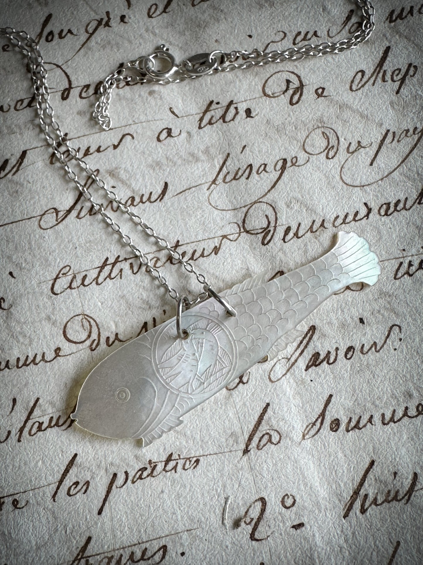 Found Object Mother of Pearl Fish Necklace by Jealous Moon Jewellery