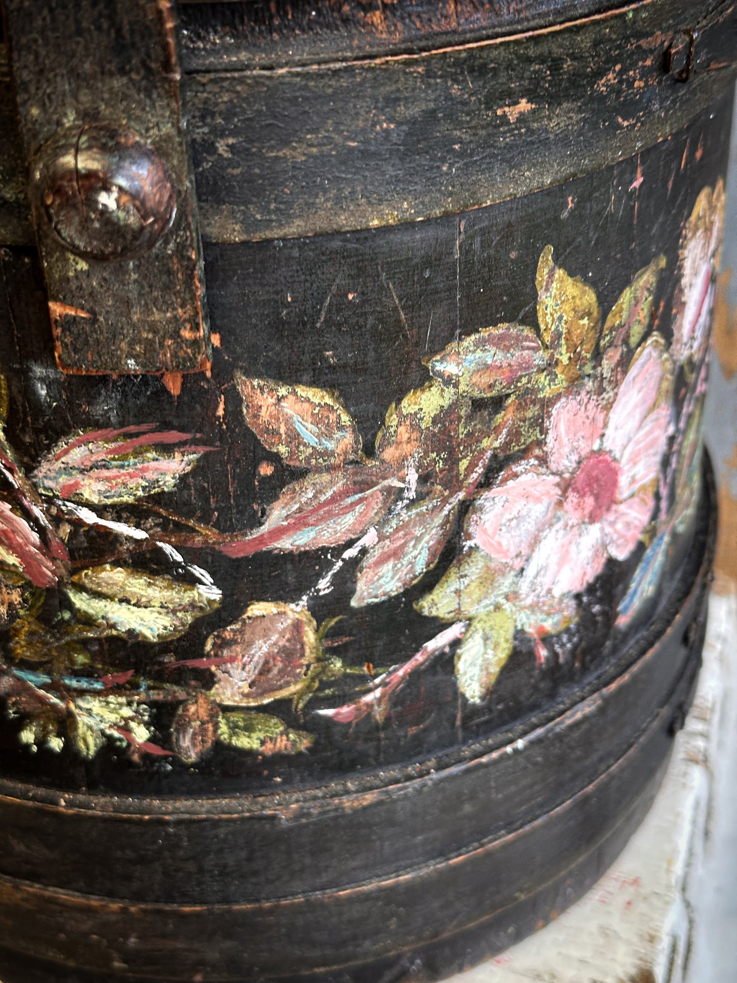Antique Hand Painted Wooden Firkin Bucket (Scandi Folk Style)