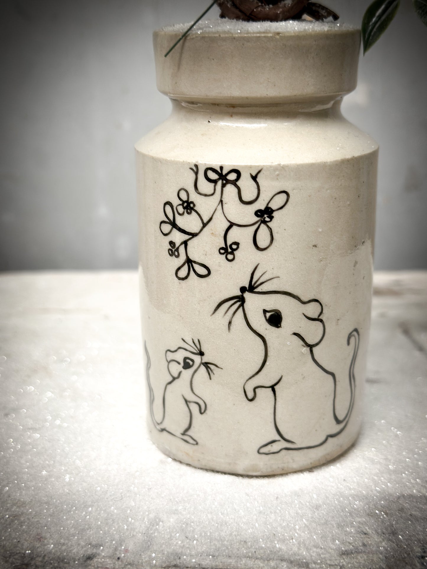 A Hand Painted Mini Victorian Illustrated “ Baby’s First Christmas” Stoneware Bottle