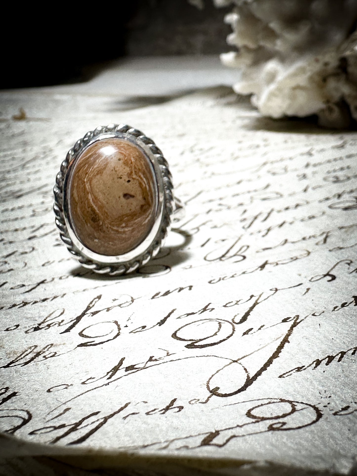 Vintage Hallmarked Silver Oval Moss Agate Ring