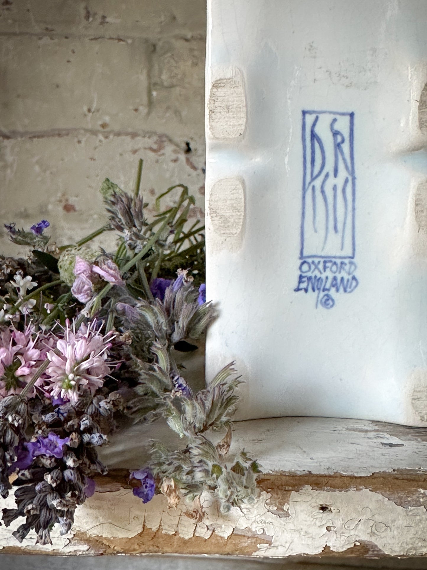 A beautiful Isis by Deborah seers Oxford, blue and white flower brick, tulipiere, flower frog, blue and white tin glaze vase