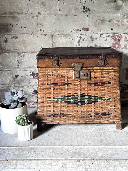 Antique French Wicker Sewing Box c.1900 with Leather Top