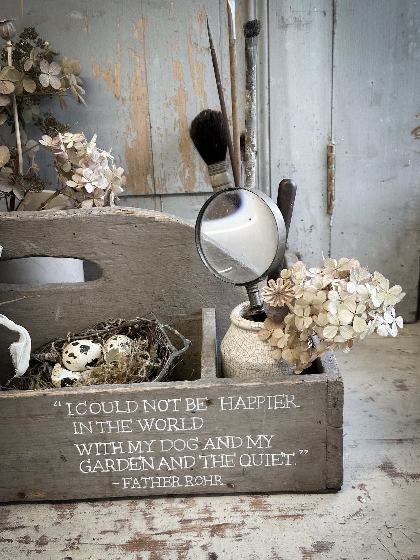 A Large Vintage French Chippy Paint Wooden Trug With Garden Quote