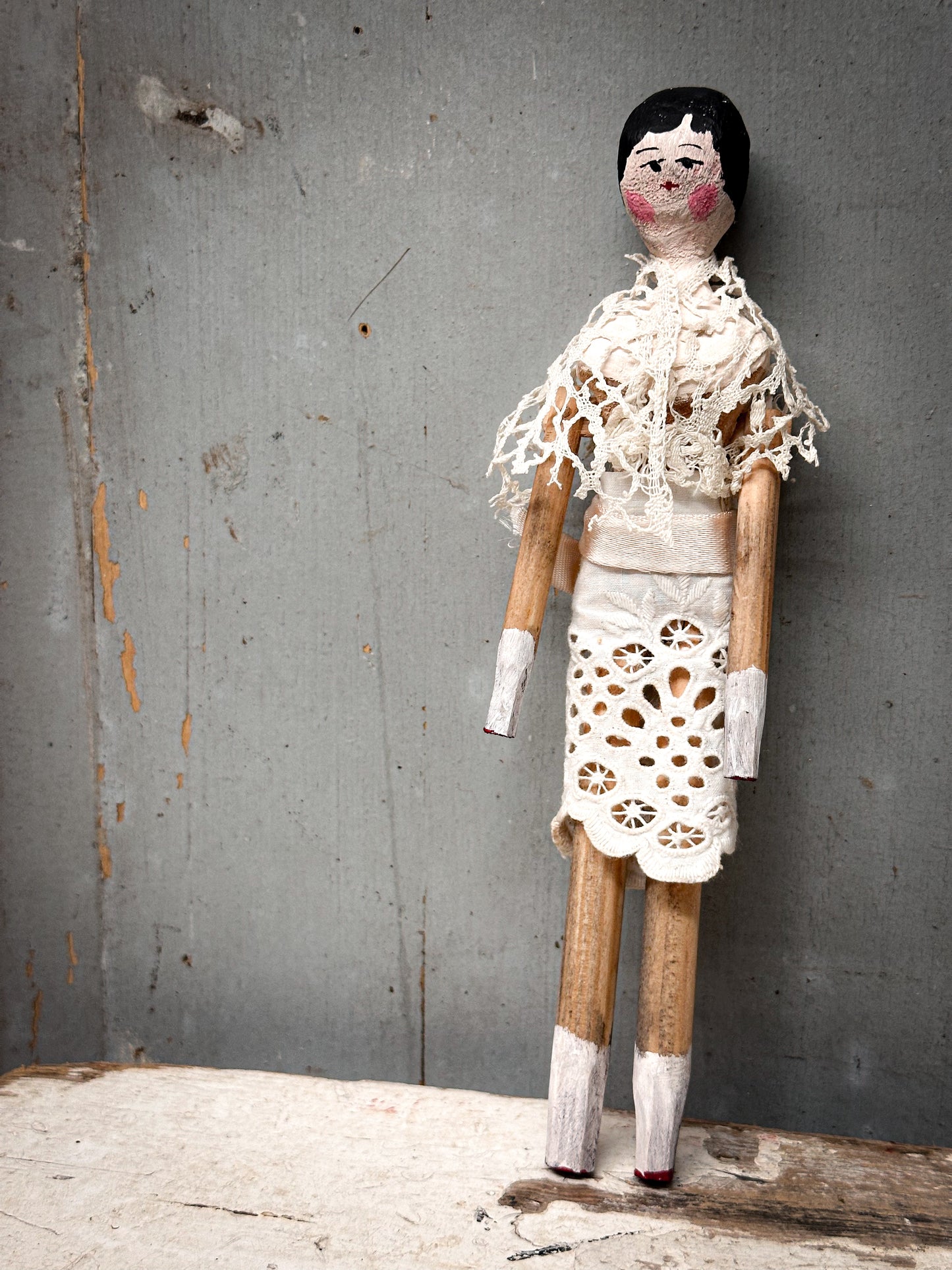 Antique Peg Doll / Grodnertal Doll with Wicker Crib